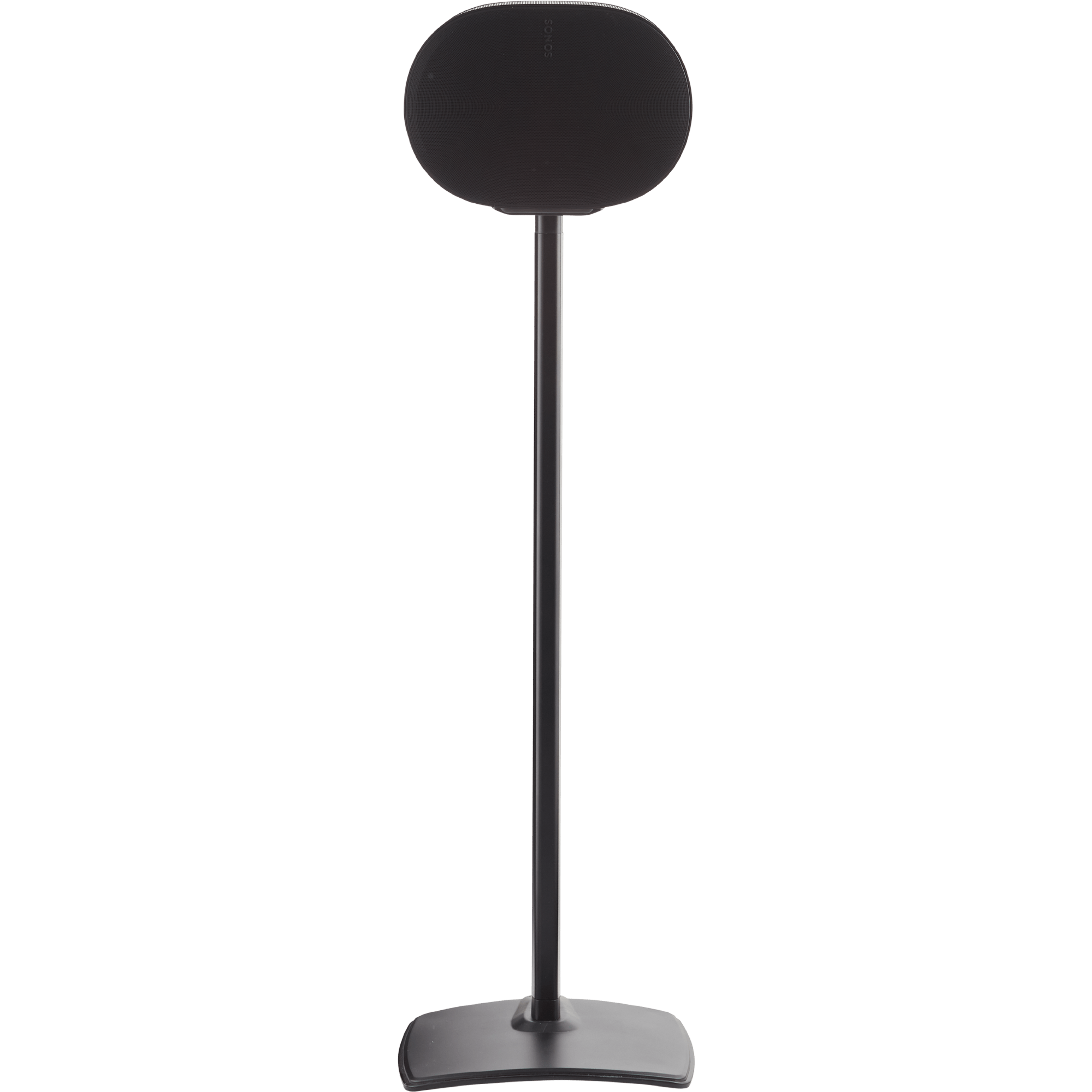 Image of the front of a black Sanus stand holding a black Sonos Era 300 speaker