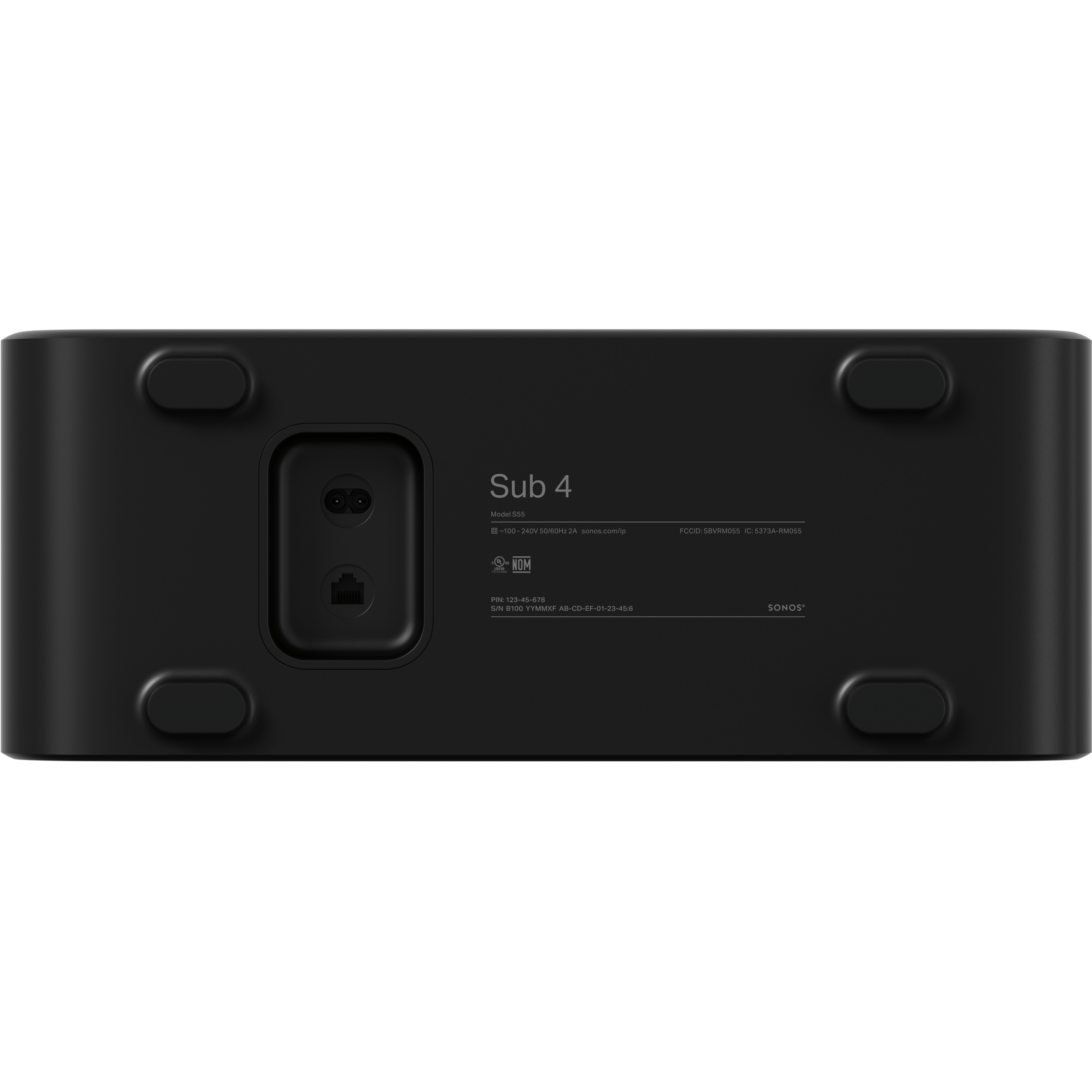 Bottom of a black Sub 4 and the power cable receptacle