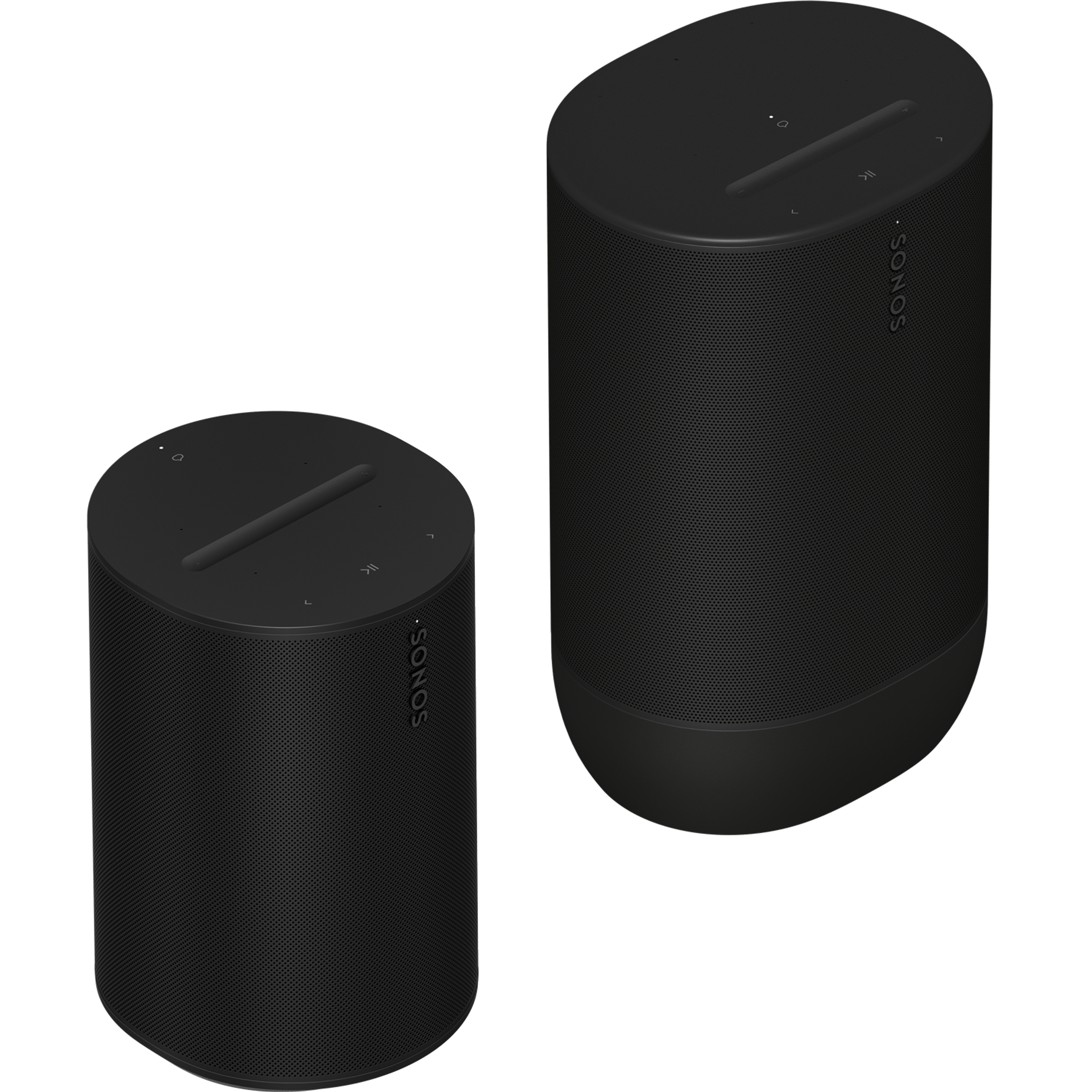 Image of a black Sonos Move 2 and a black Sonos Era 100 sitting side by side, turned at an angle