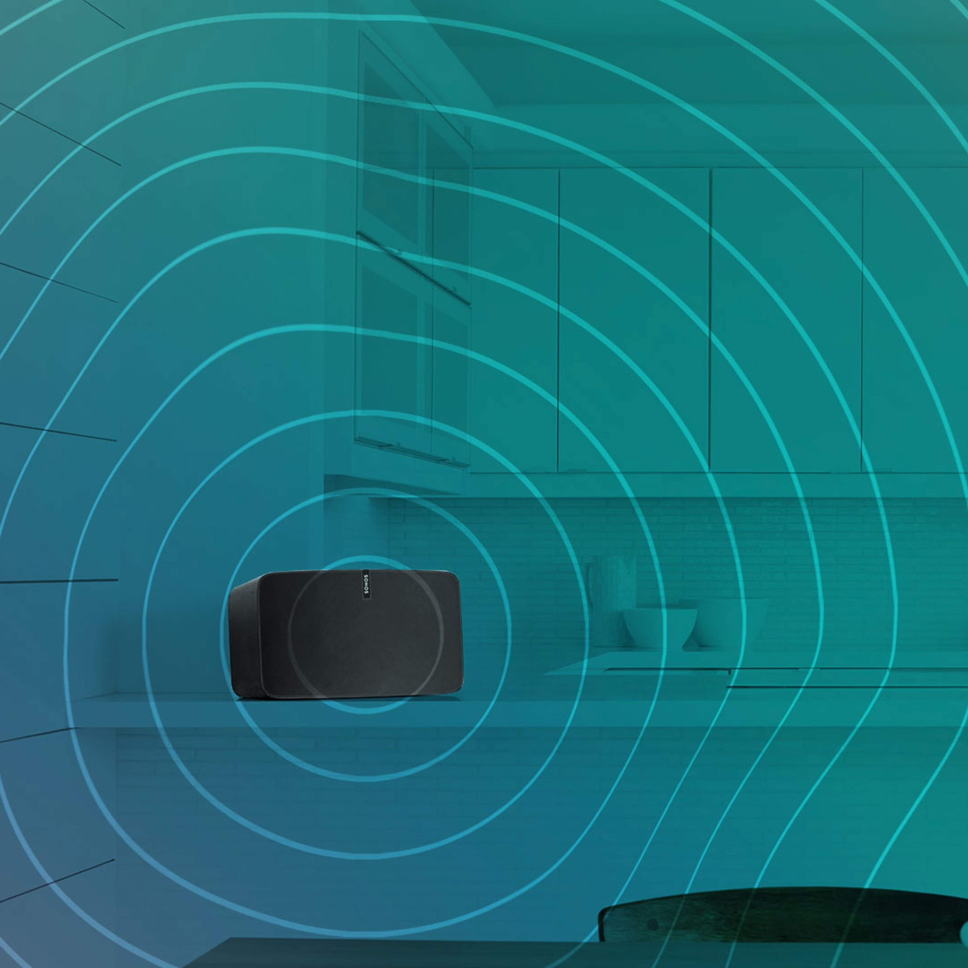 Sonos Five in black with teal sound waves background