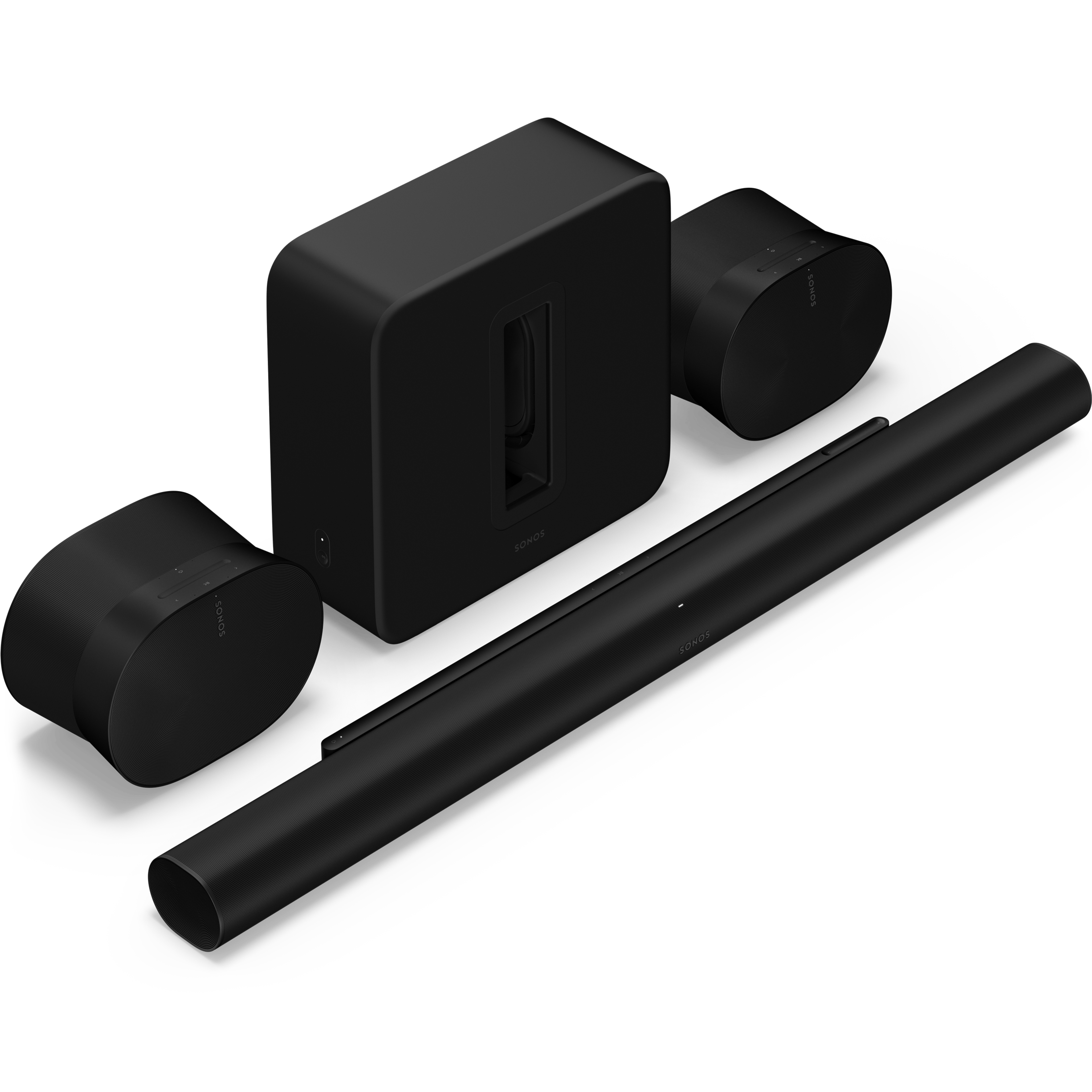Set with a black Arc Ultra, a black Sub 4, and a pair of black Era 300 speakers