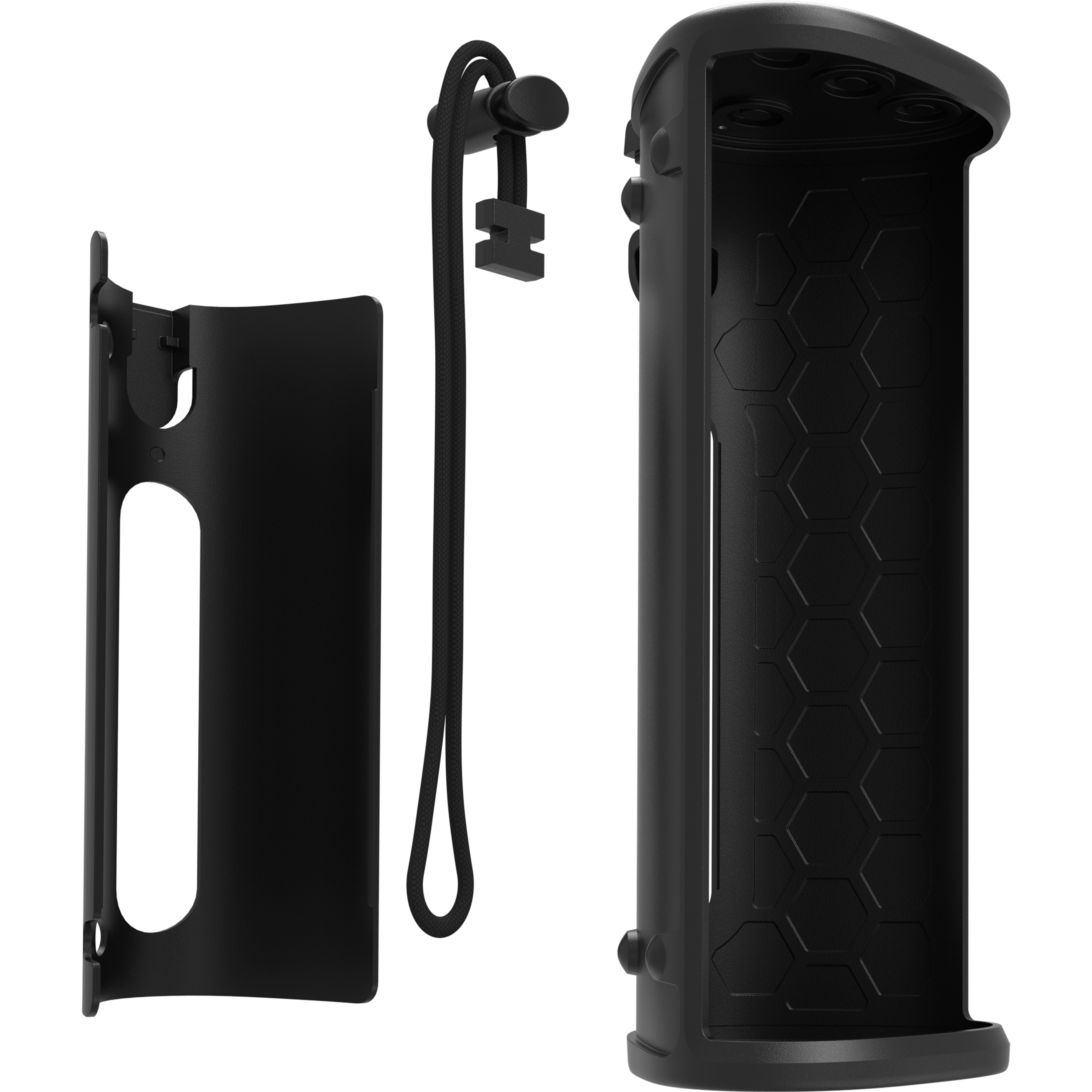 A black OtterBox Sonos Roam 2 case, deconstructed into its various parts