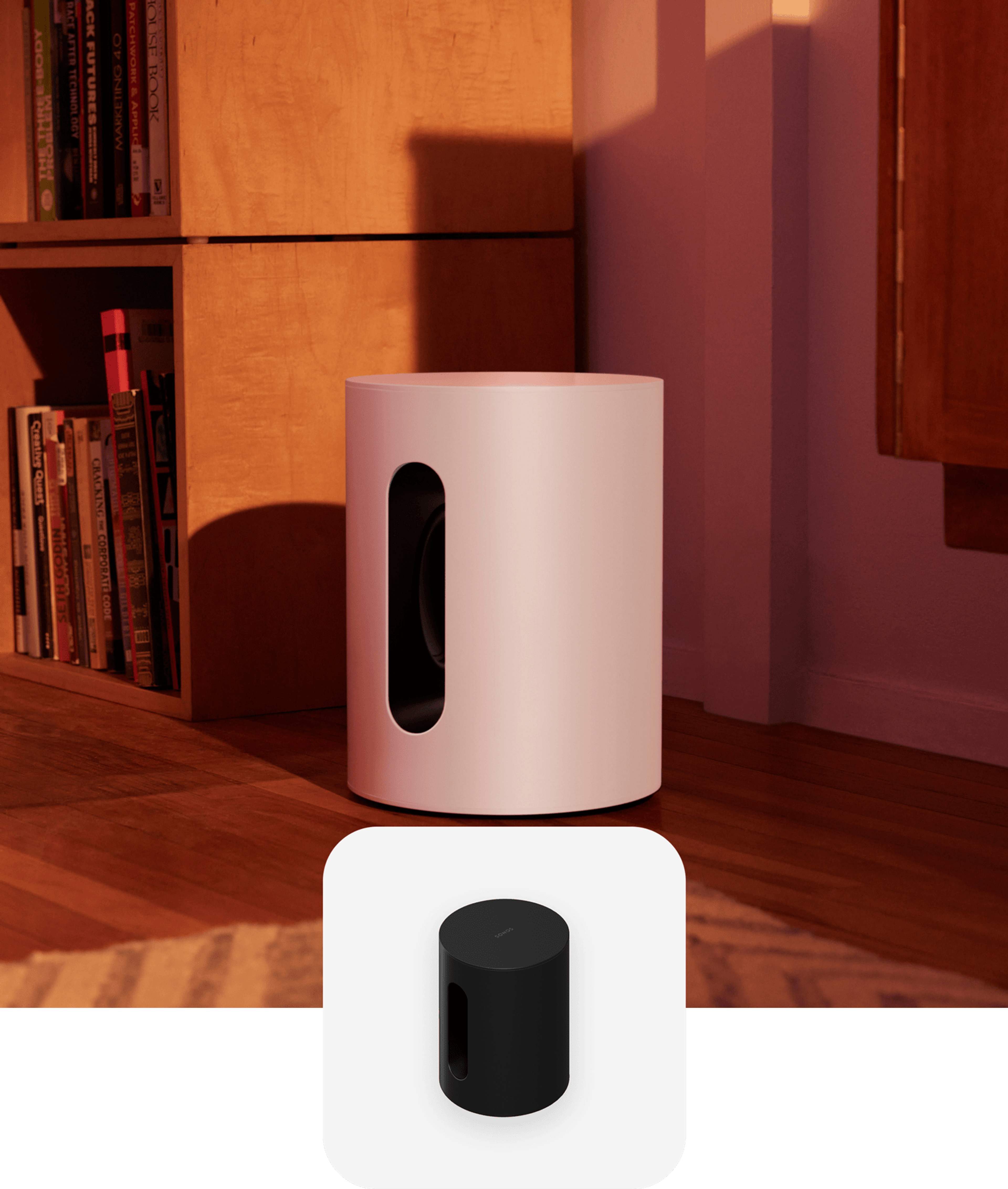 A white Sub Mini next to shelves of vinyl records