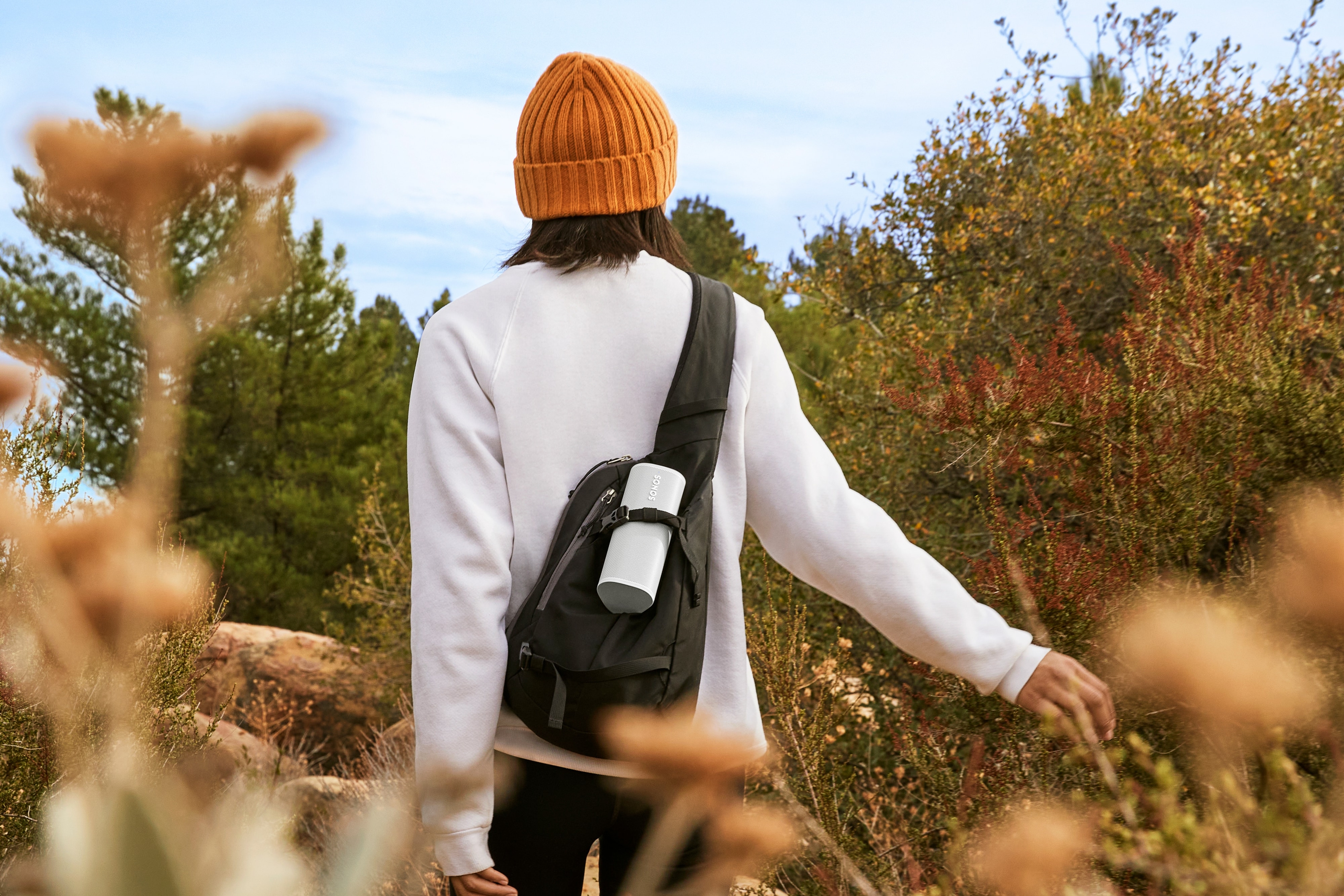 Roam 2 white on a backpack outdoors
