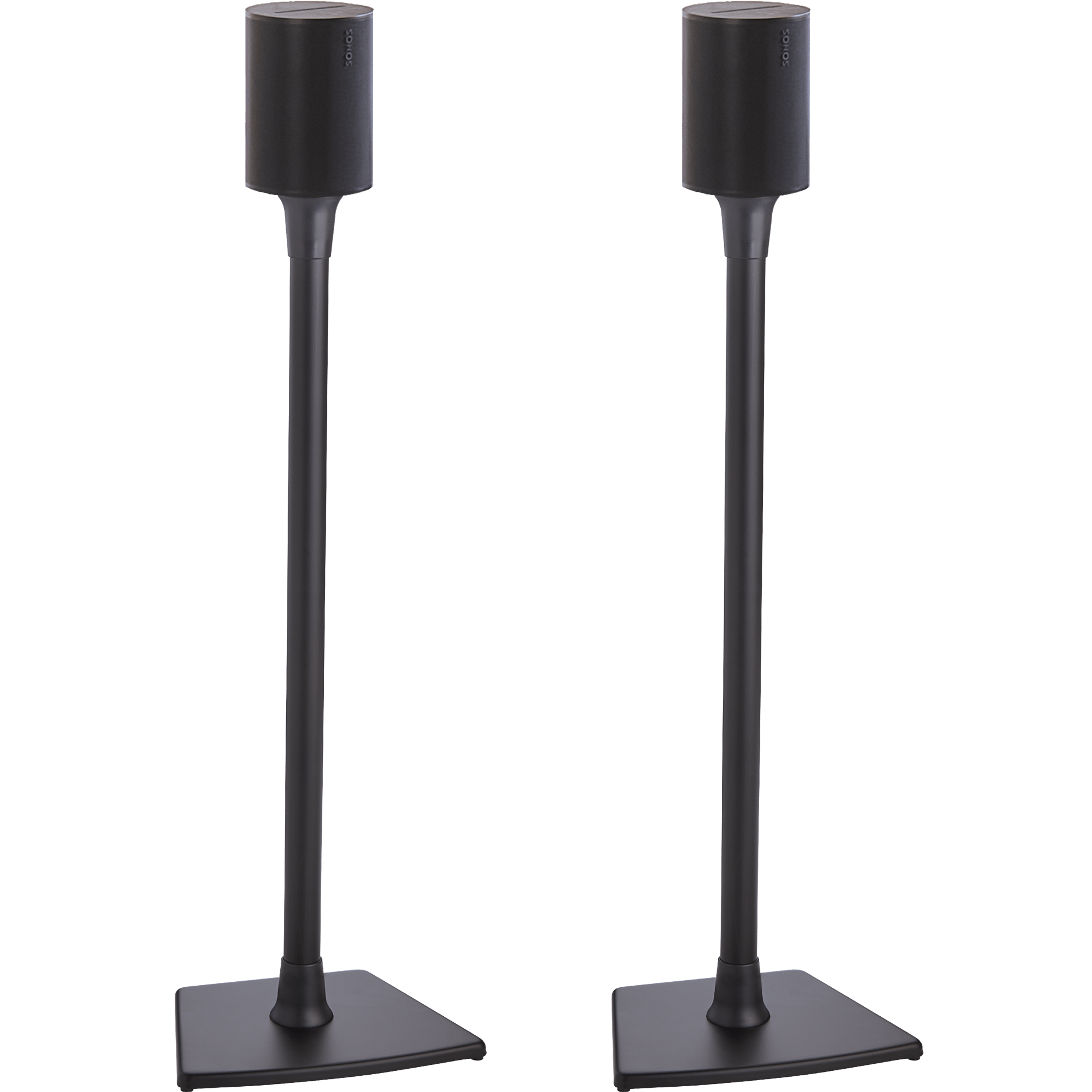 Image of a pair of black Sanus stands holding a pair of black Sonos Era 100 speakers