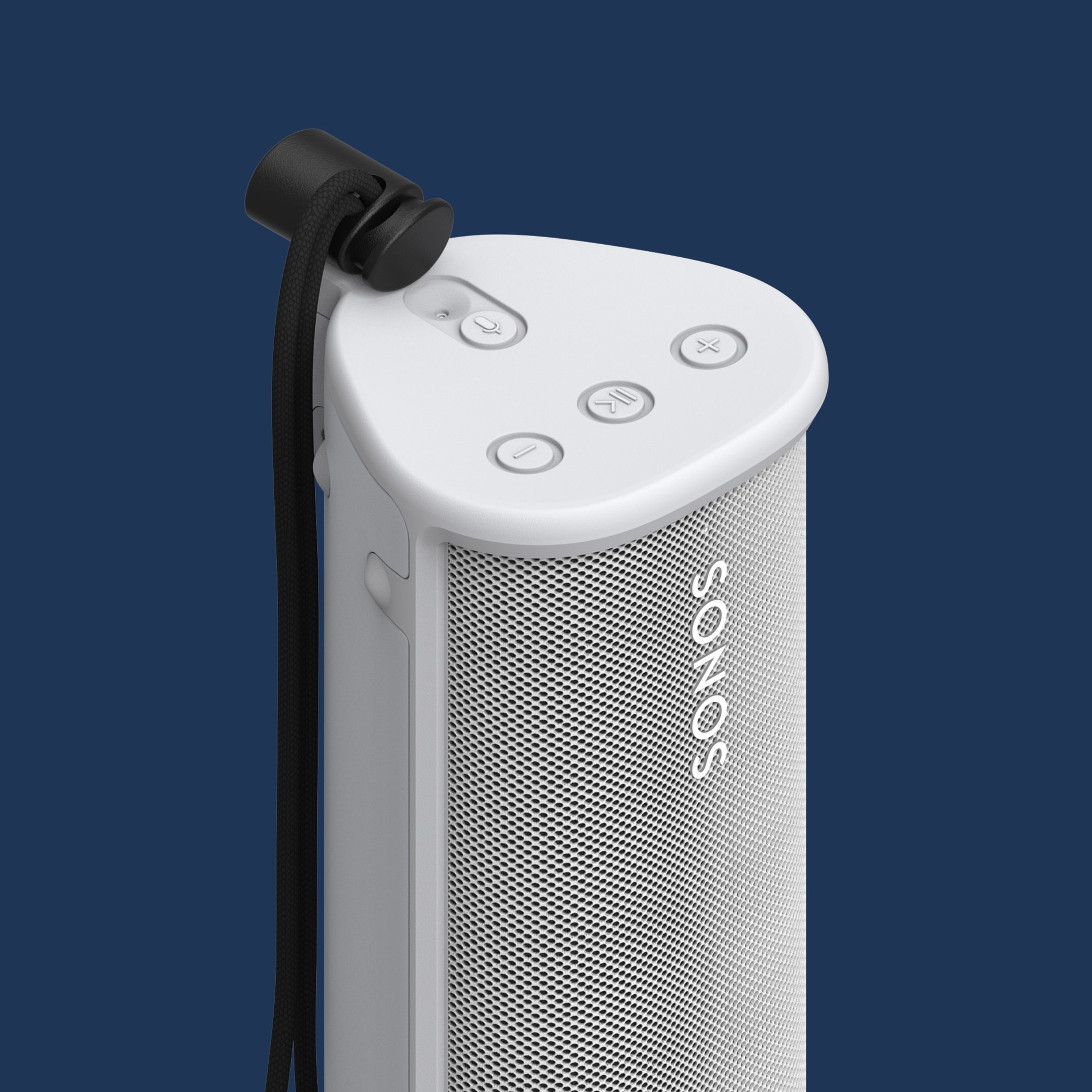 Image of a white Sonos Roam in a white Otterbox Sonos Roam case on a blue background