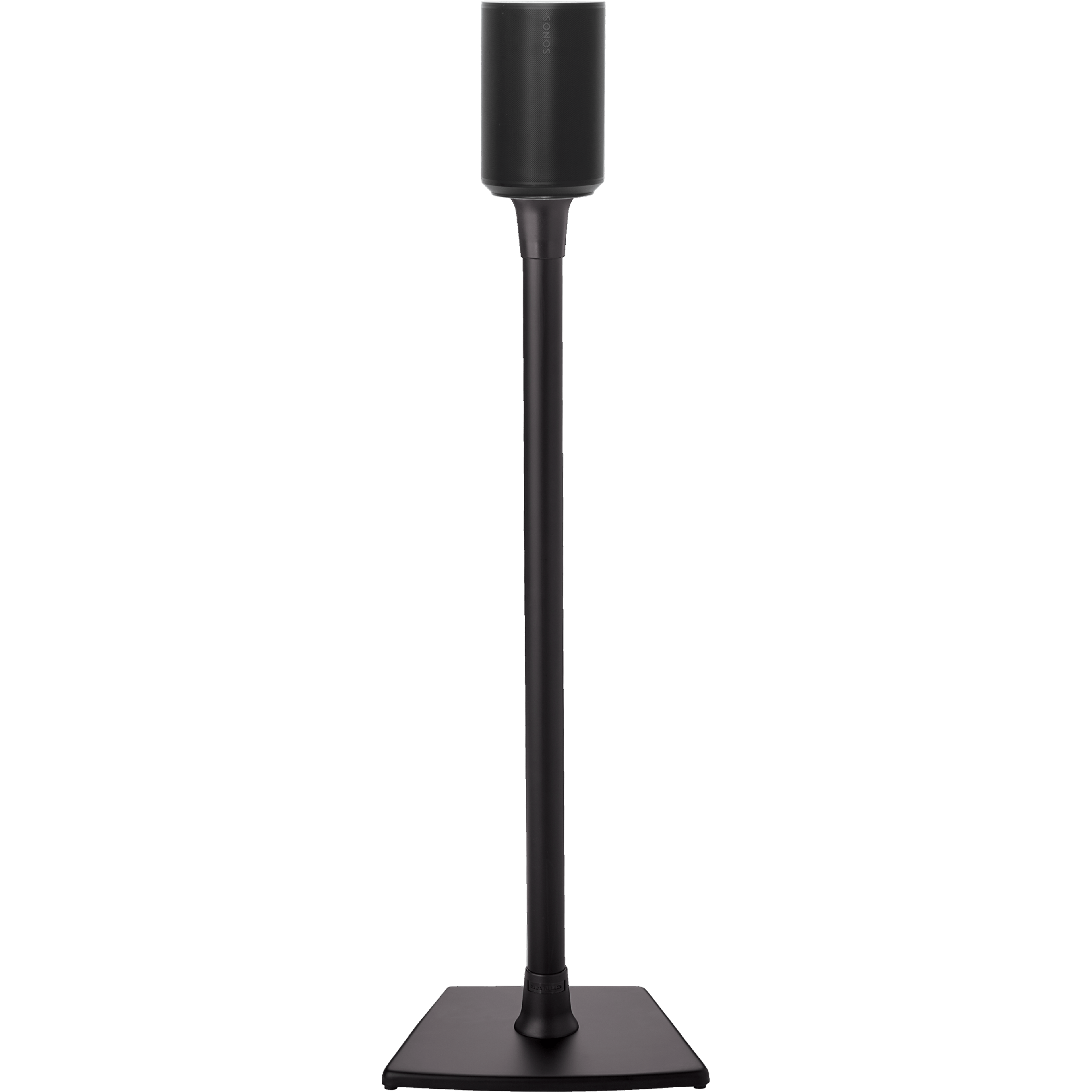 Image of the front of a black Sanus stand holding a black Sonos Era 100 speaker