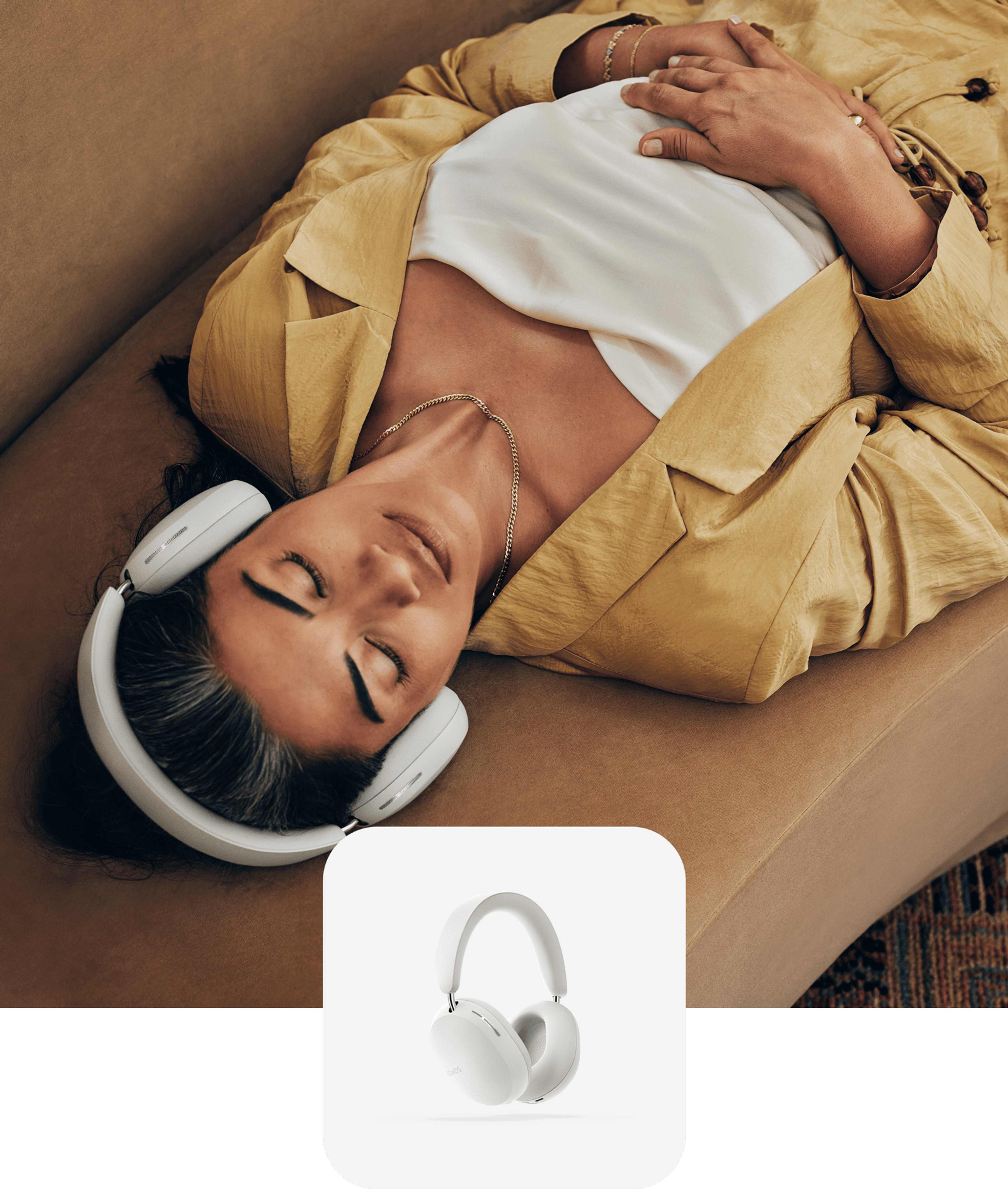 Person laying down and listening to music on white Sonos Ace headphones and a white Sonos Ace product tile overlay