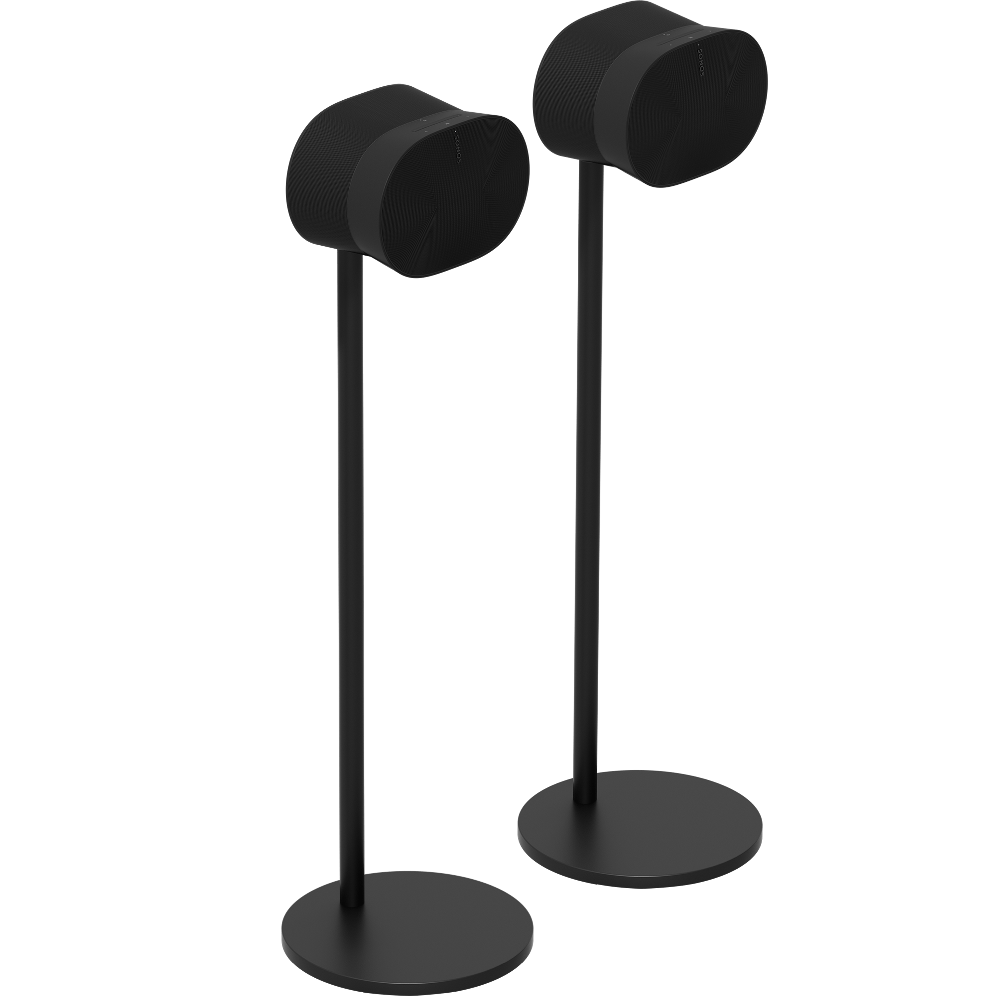 Two Sonos Era 300 stands with mounted speakers in black