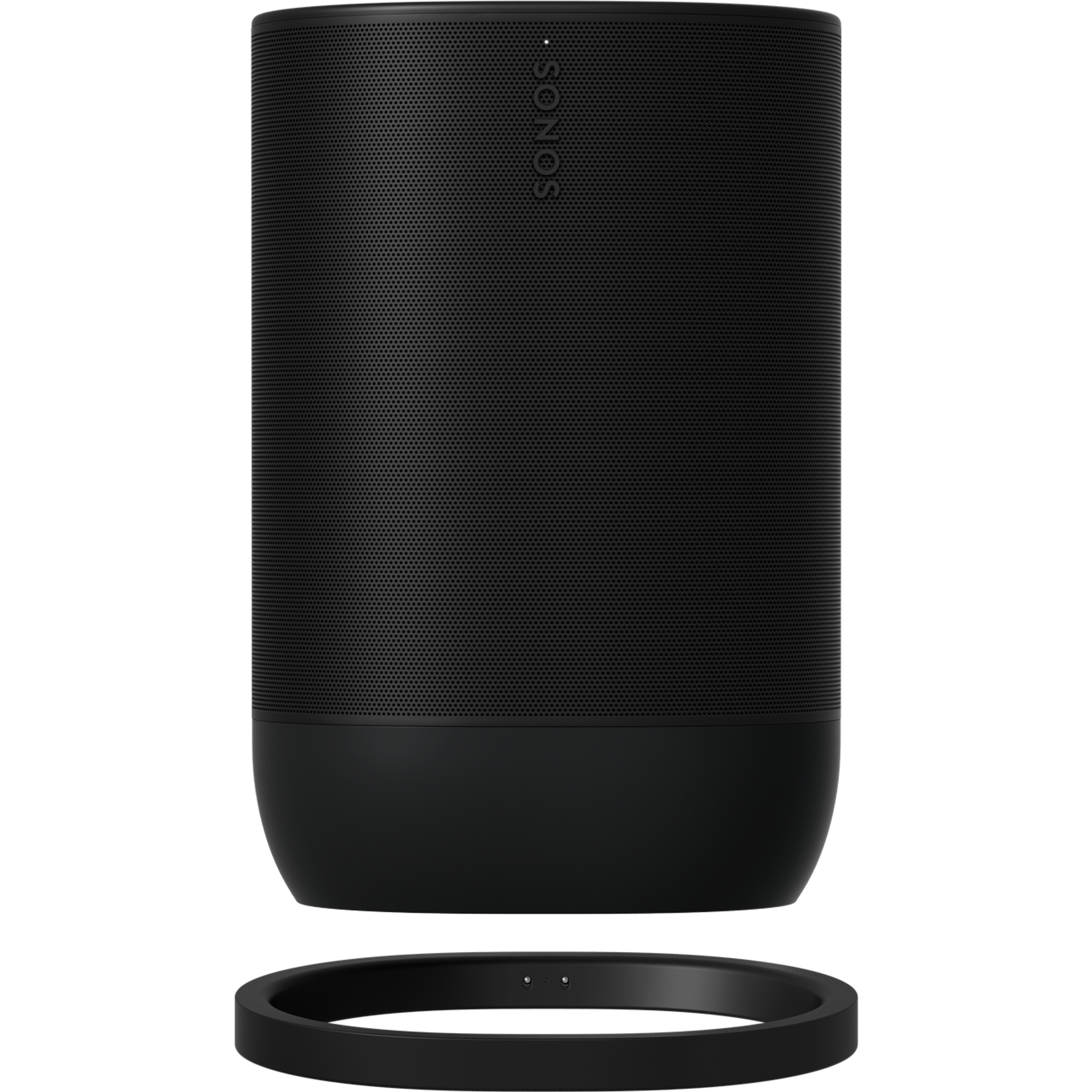 Image of Sonos Move 2 in black from the front hovering over its matching charging base