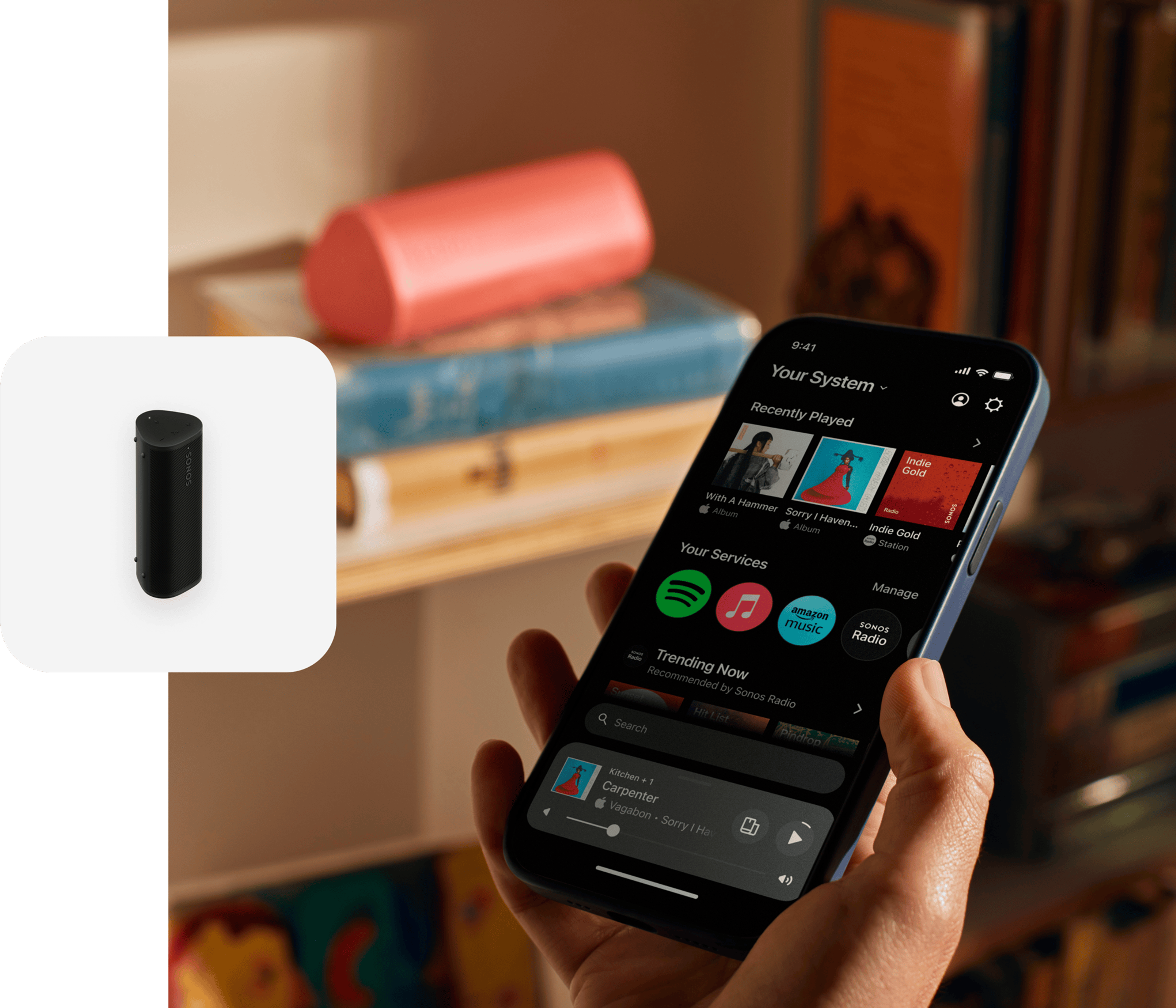 User with their phone using the Sonos app to control a Roam 2 speaker
