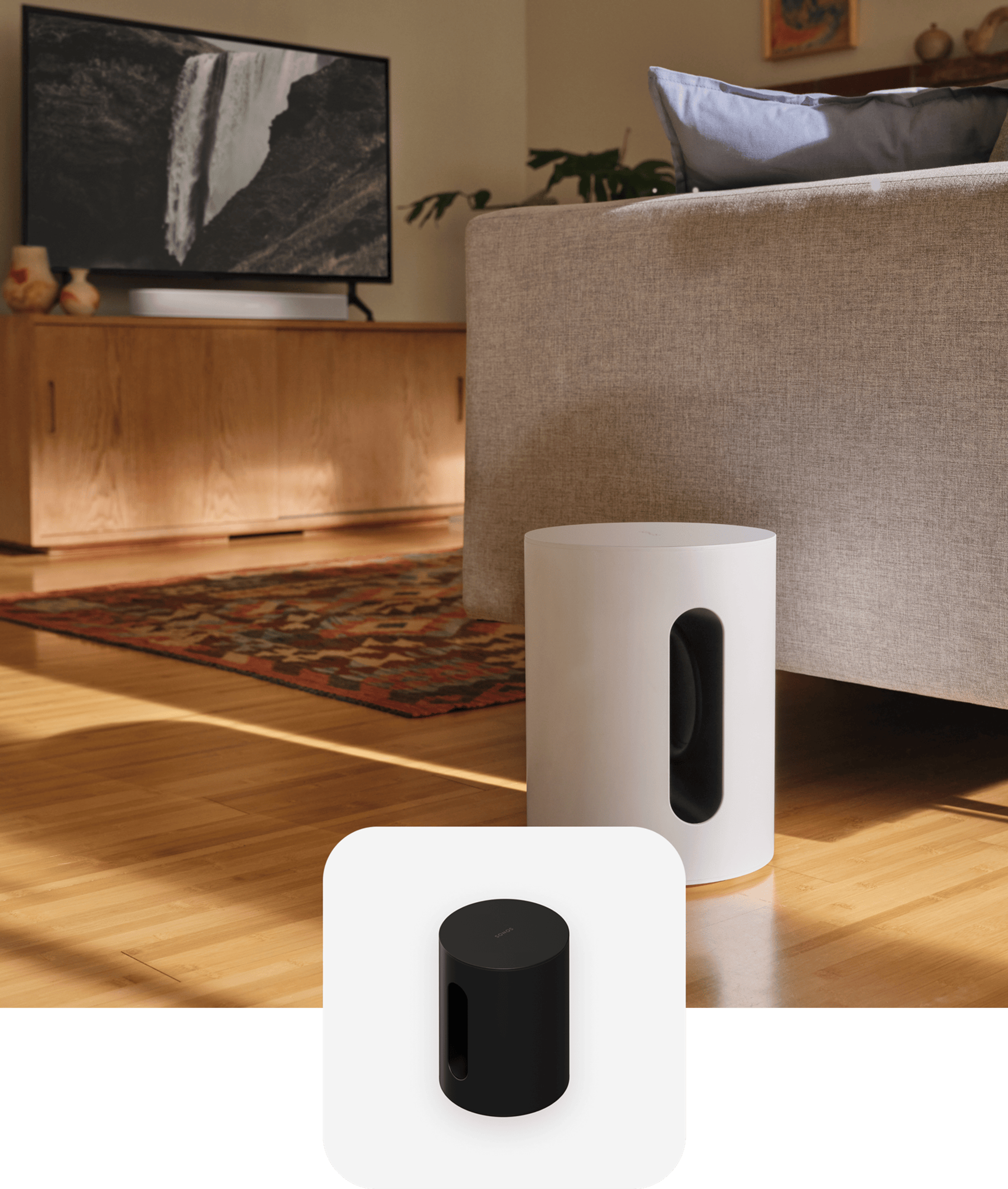 A white Sub Mini on hardwood floor next to white couch in living room