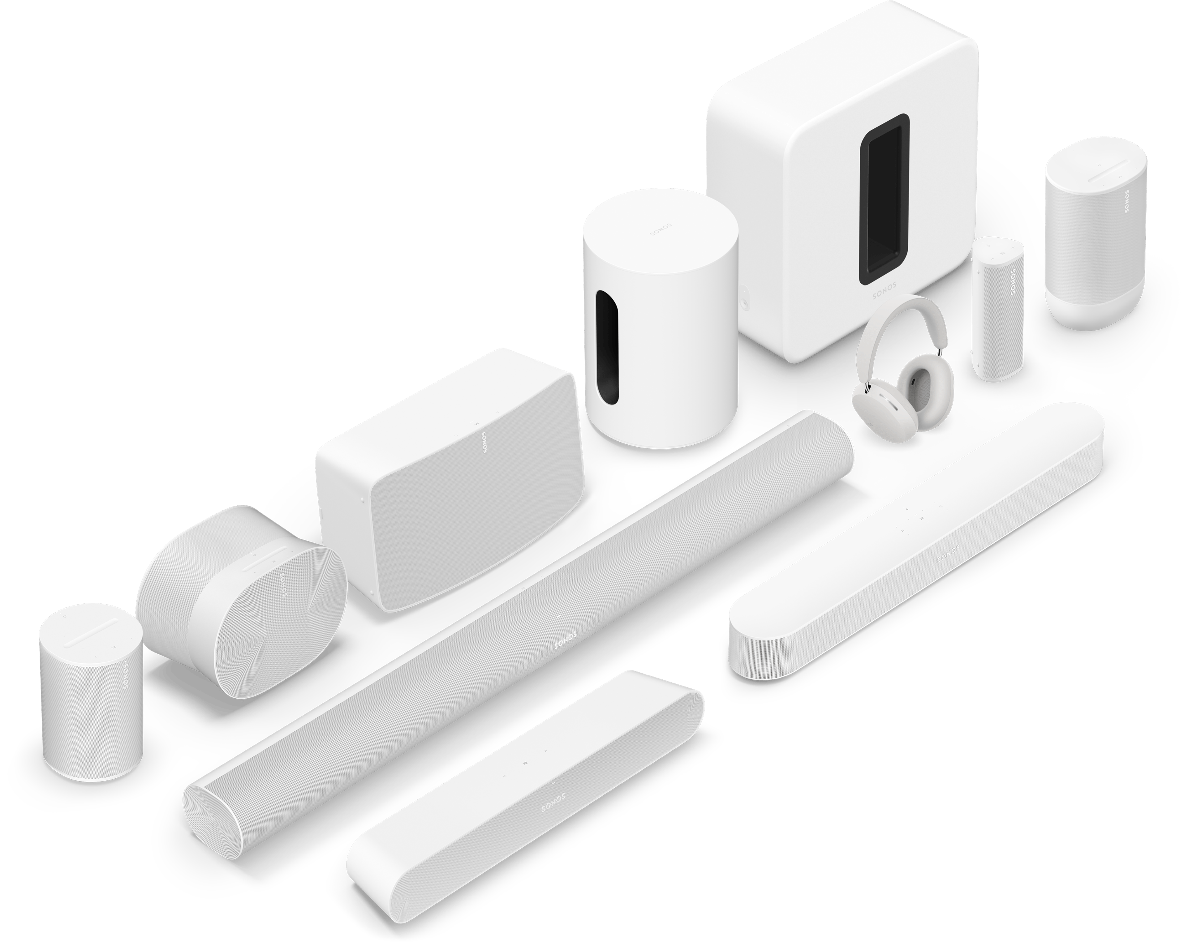 The complete lineup of Sonos speakers and soundbars in white