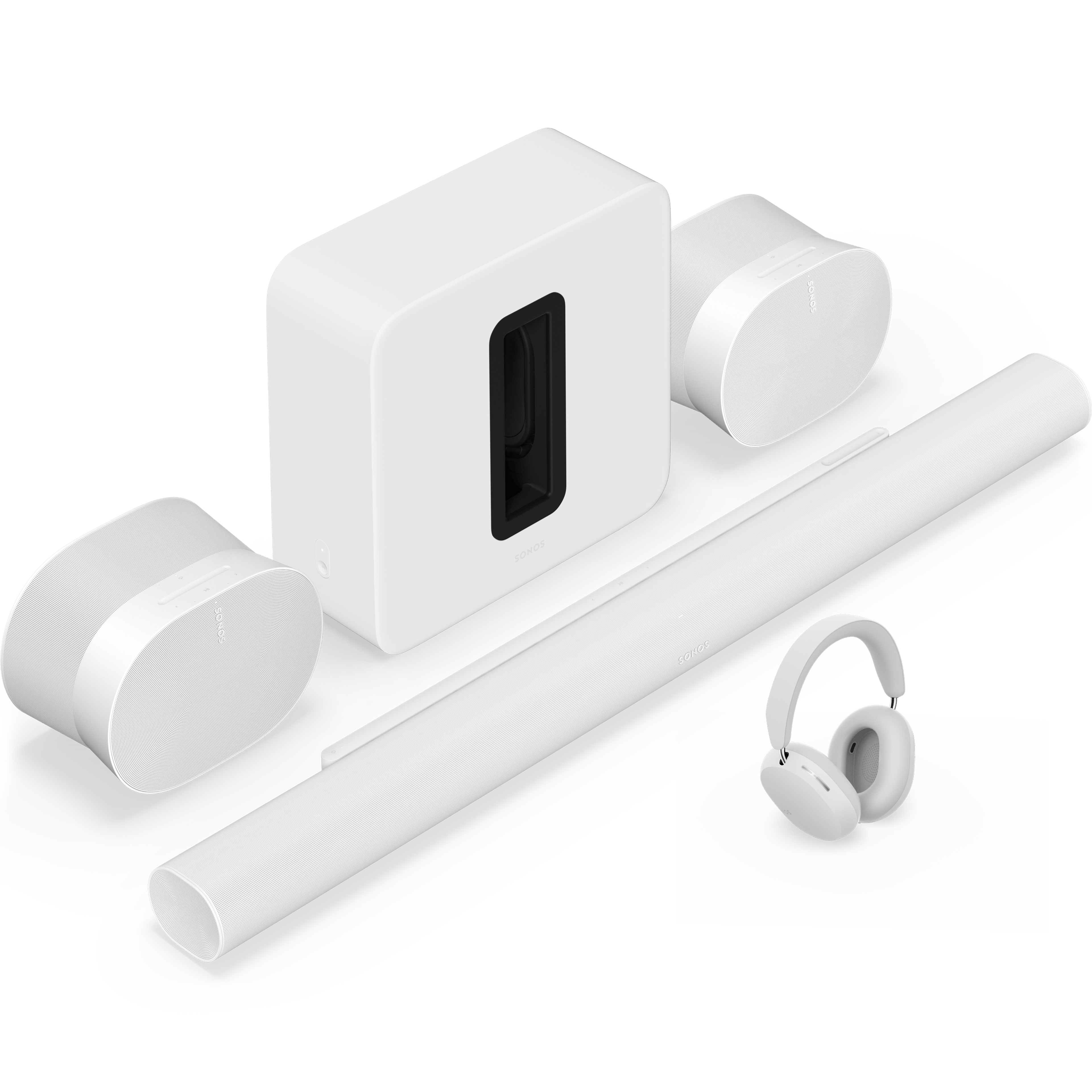 A white set containing Arc Ultra, Sub 4, Sonos Ace, and pair of Era 300 speakers