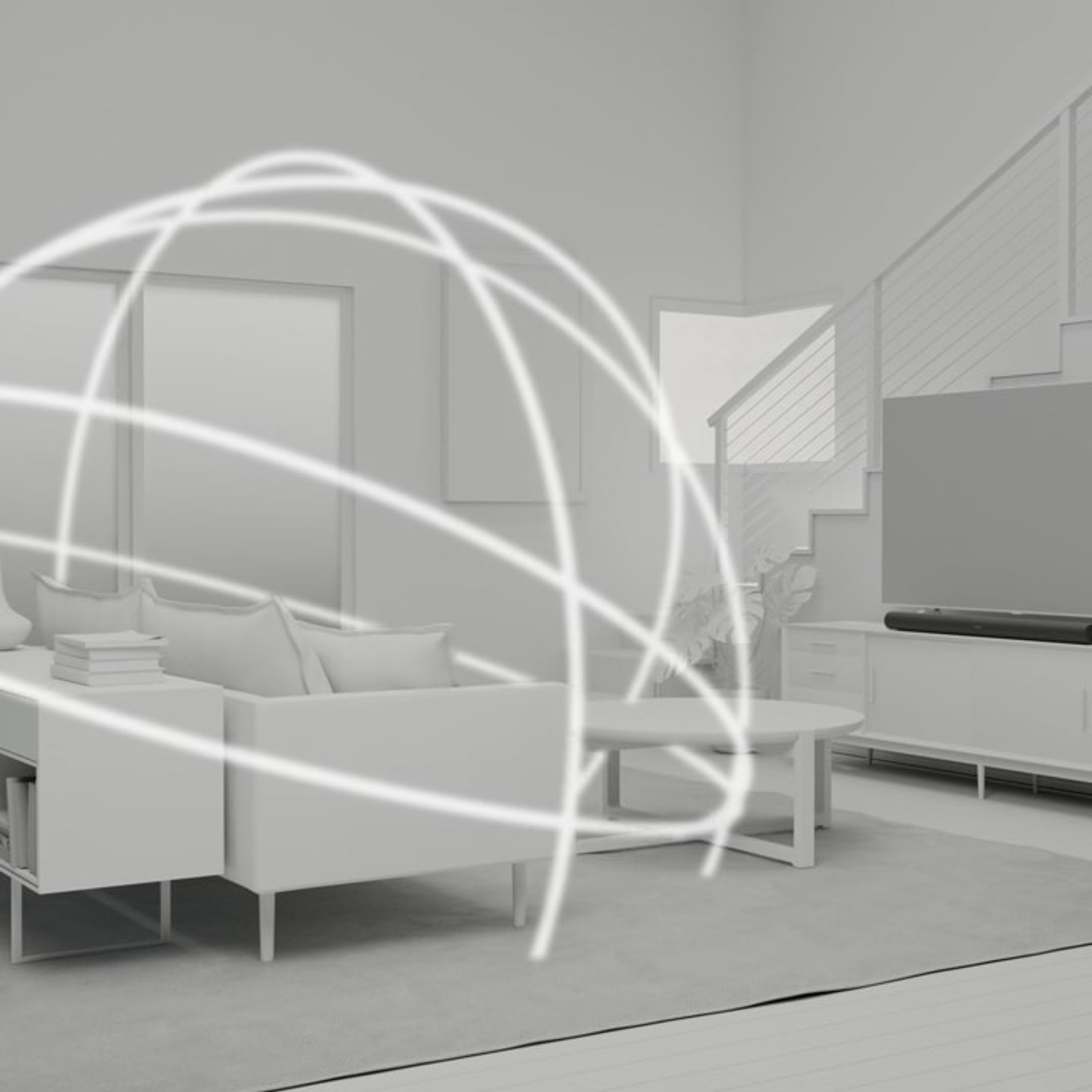A rendering of a living room with Sonos Arc with illustration of Dolby Atmos