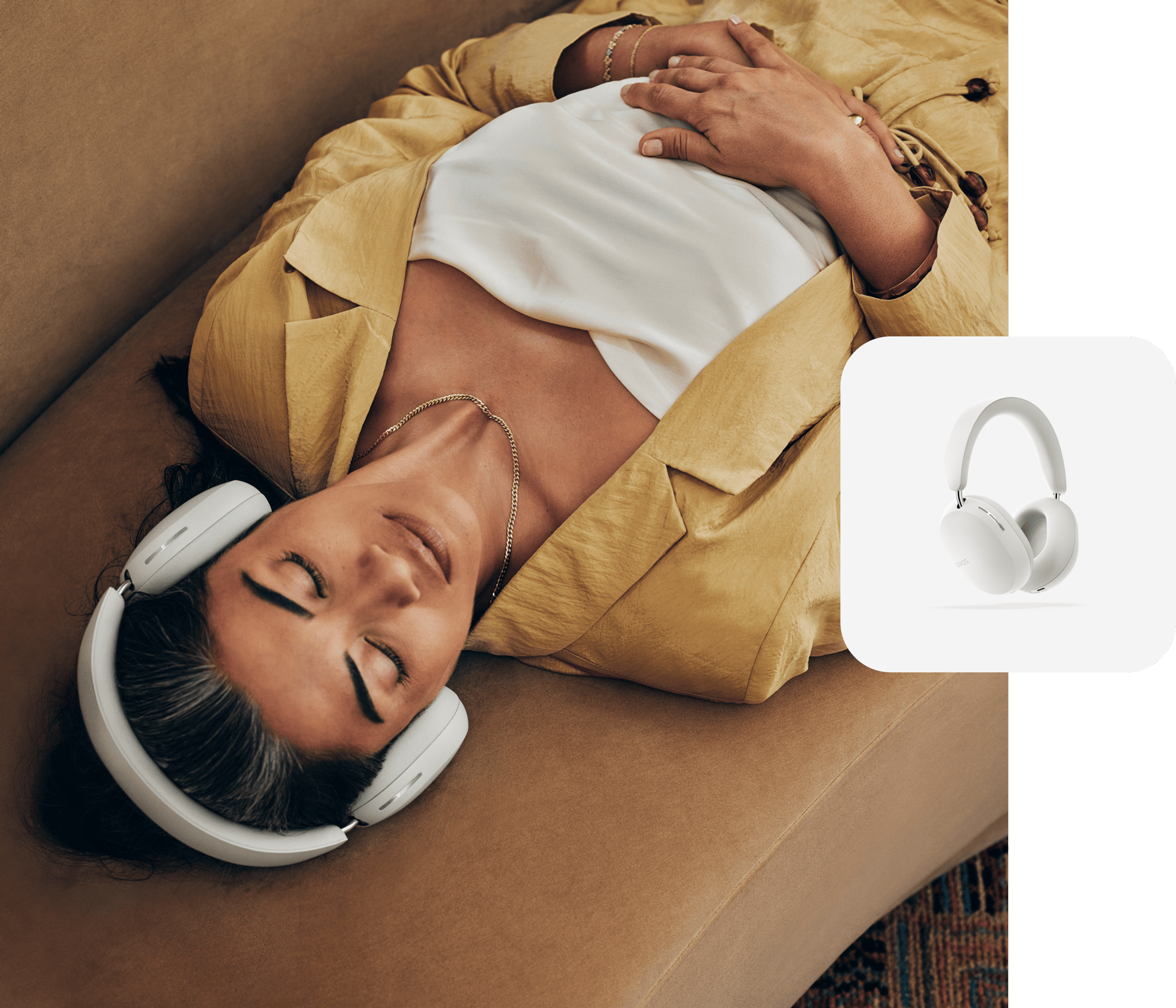 Person laying down and listening to music on white Sonos Ace headphones and a white Sonos Ace product tile overlay