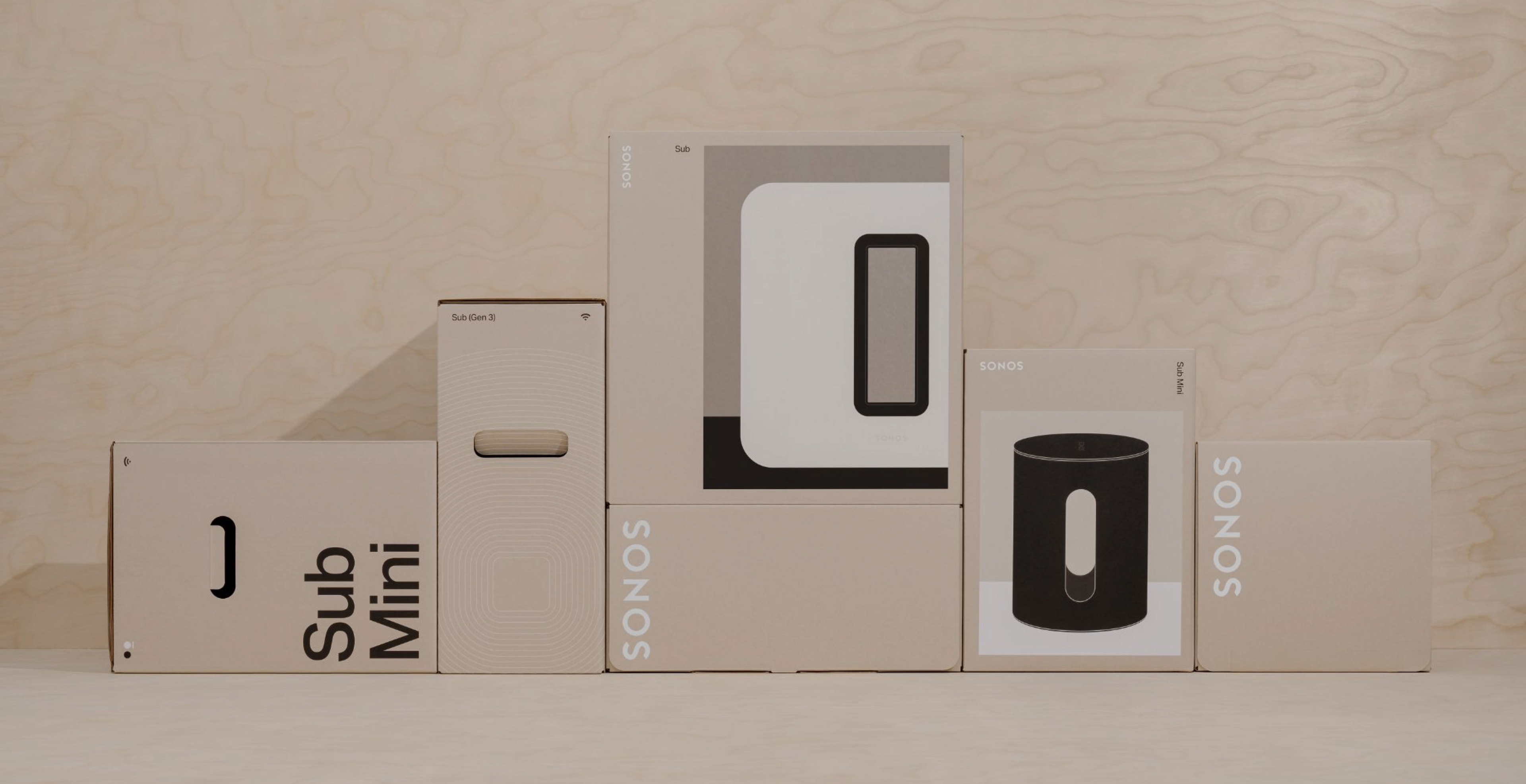 Display of Sonos products in their packaging