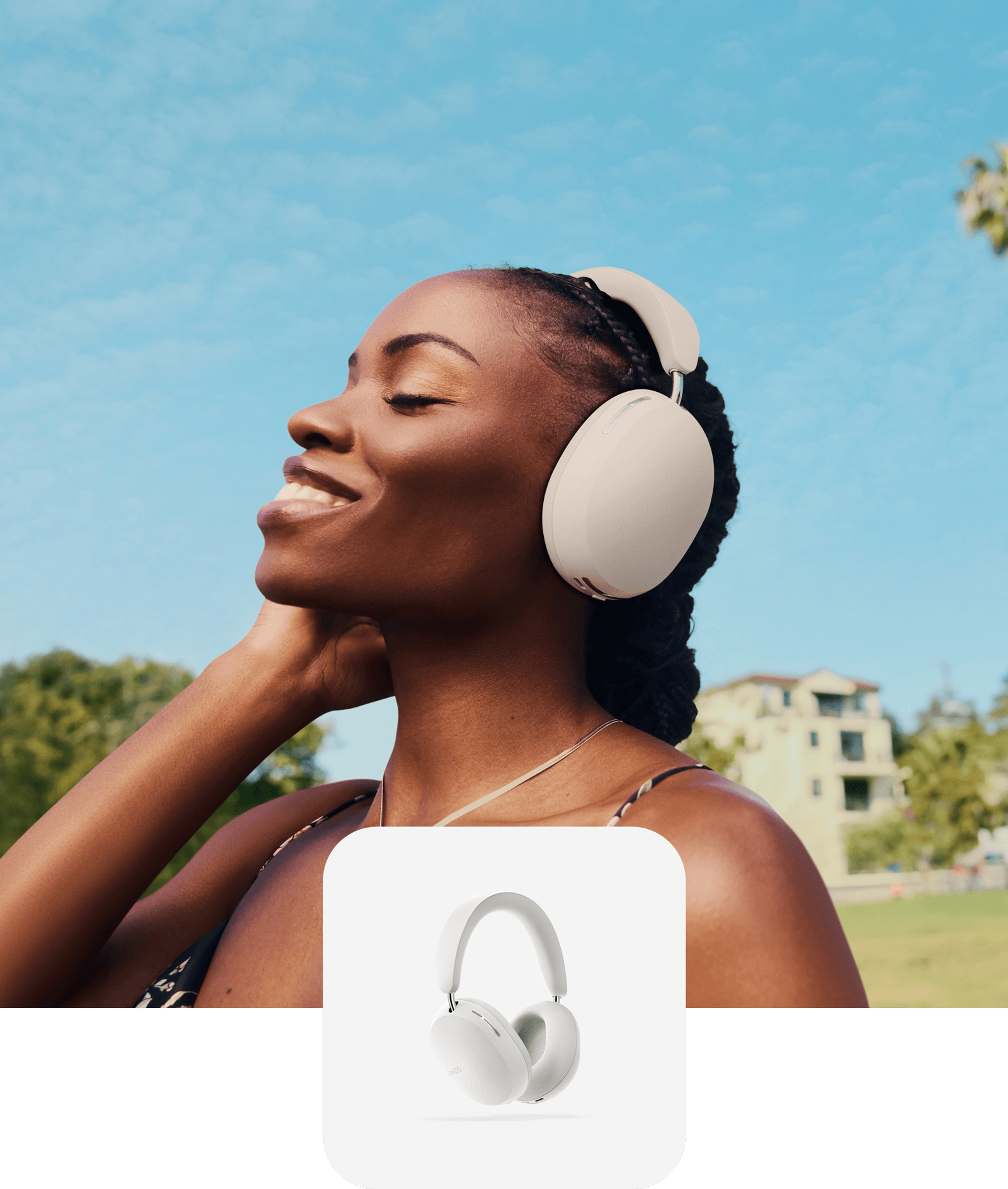 Person smiling and listening to music on white Sonos Ace headphones outside and a white Sonos Ace product tile overlay