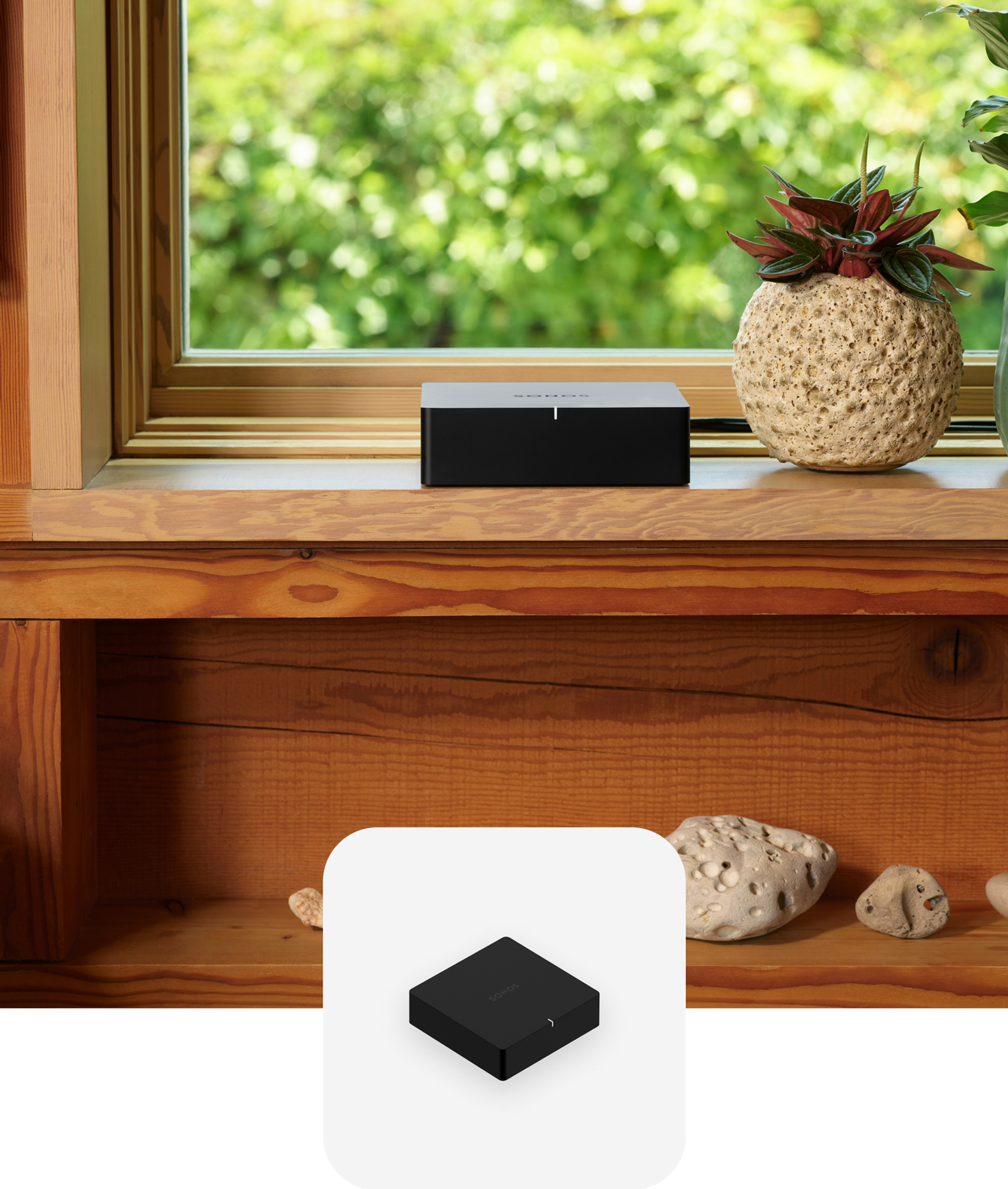 Black Sonos Port on a windowsill with a black Port product tile overlay
