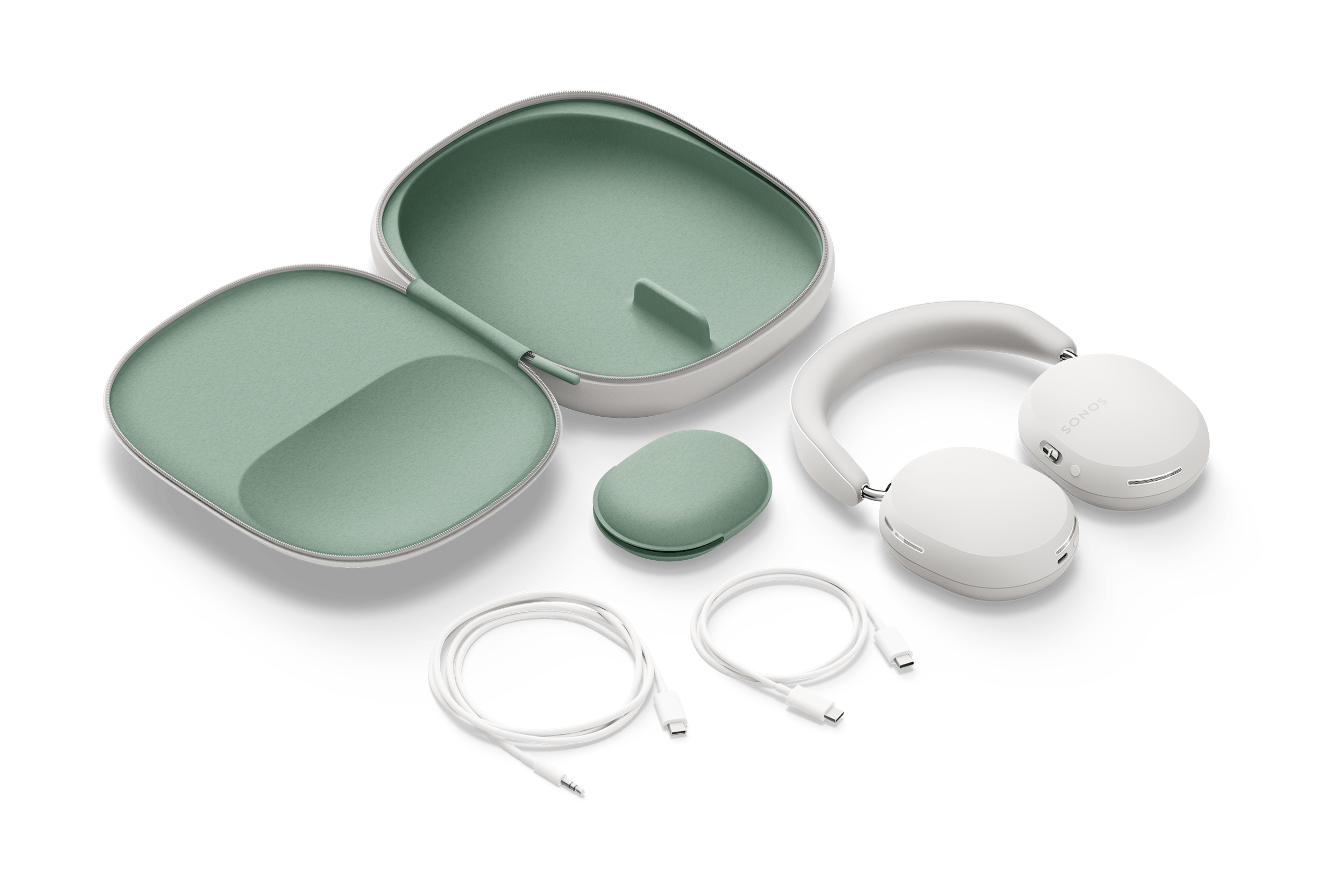 White Sonos Ace headphones displayed with carrying case and included cables