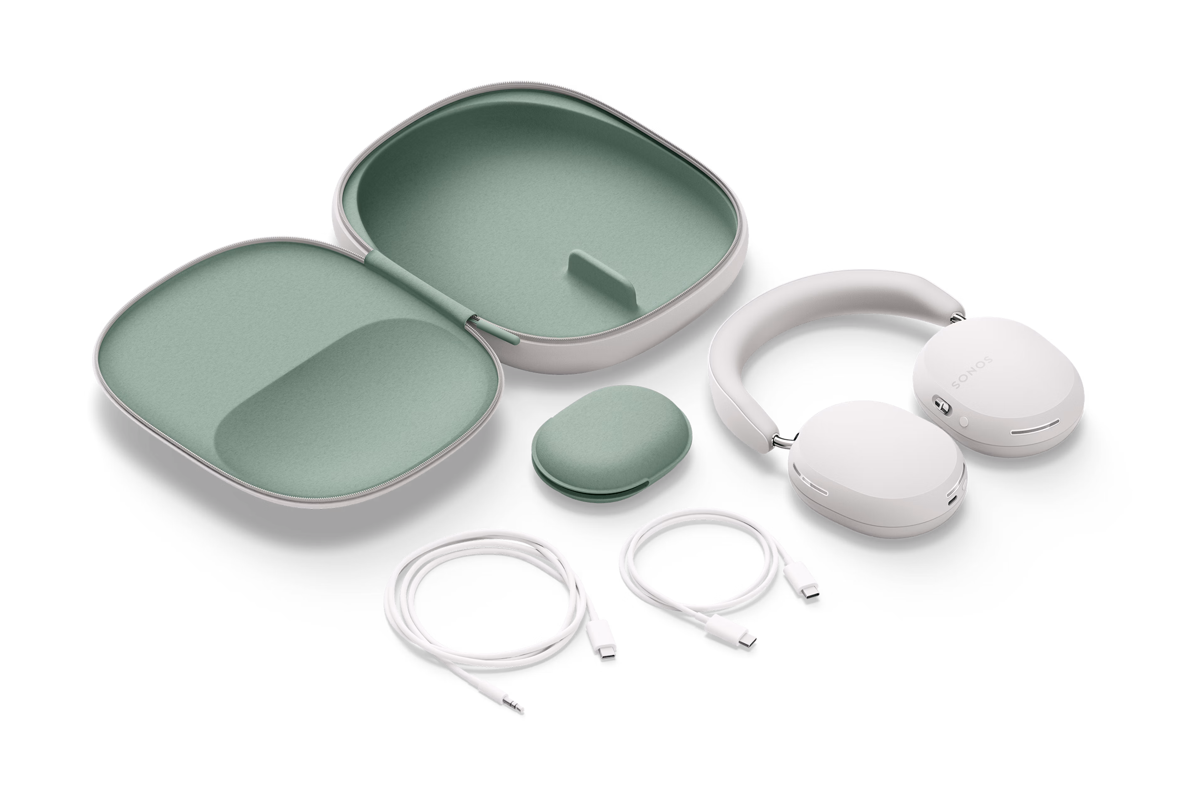 White Sonos Ace headphones displayed with carrying case and included cables