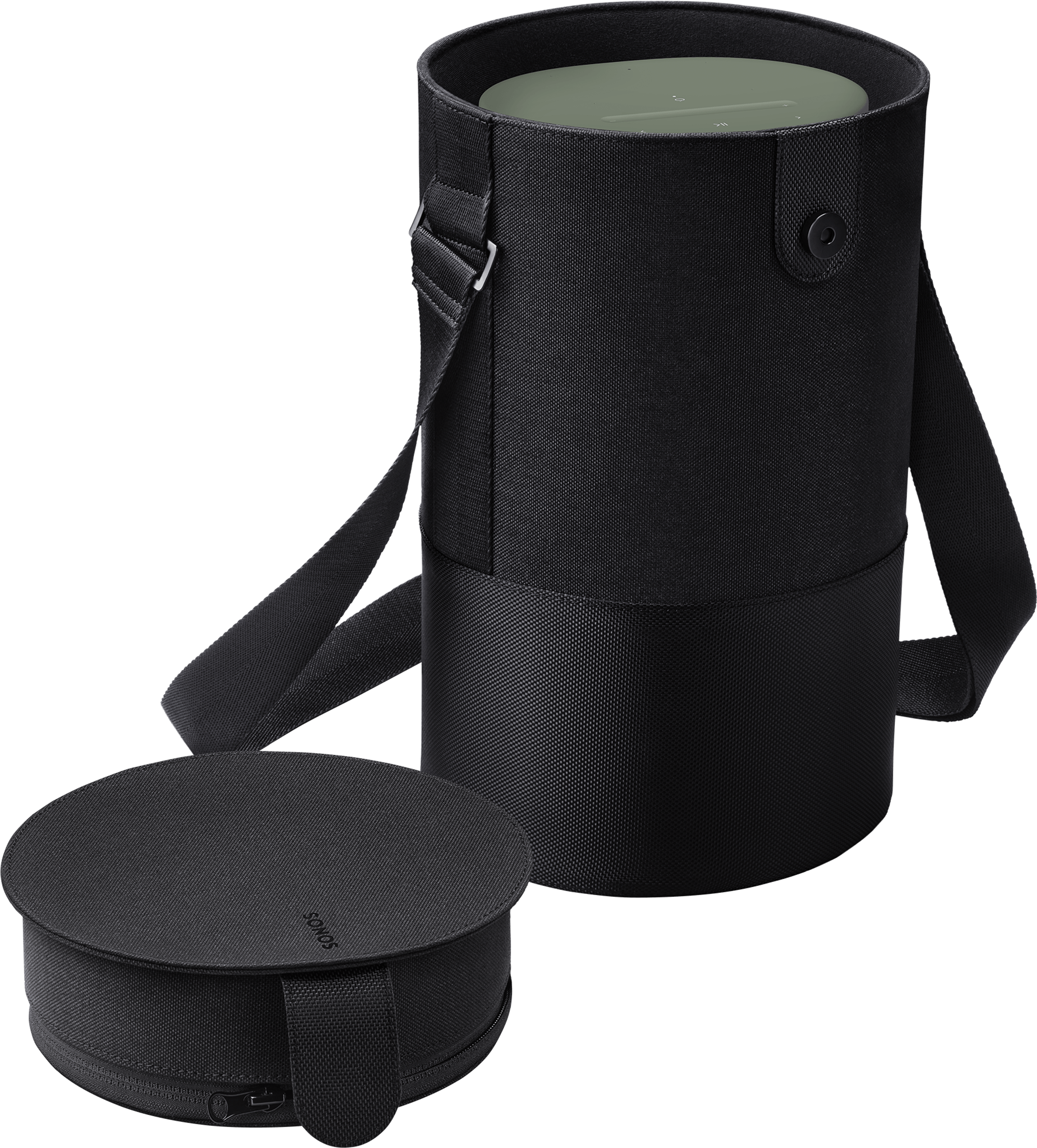 Image of an open Sonos Move Travel Bag turned at an angle with an Olive Sonos Move inside