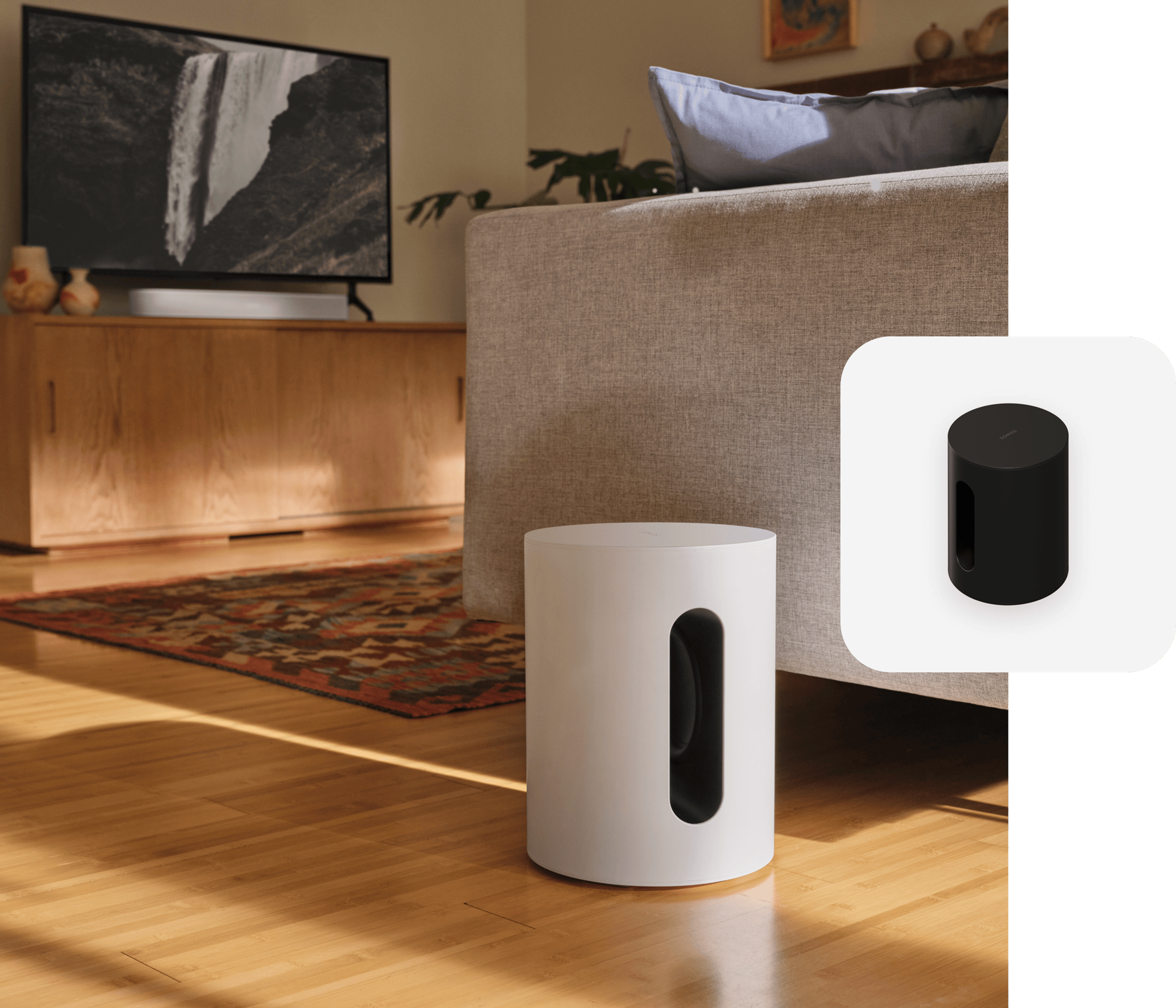 A white Sub Mini on hardwood floor next to white couch in living room