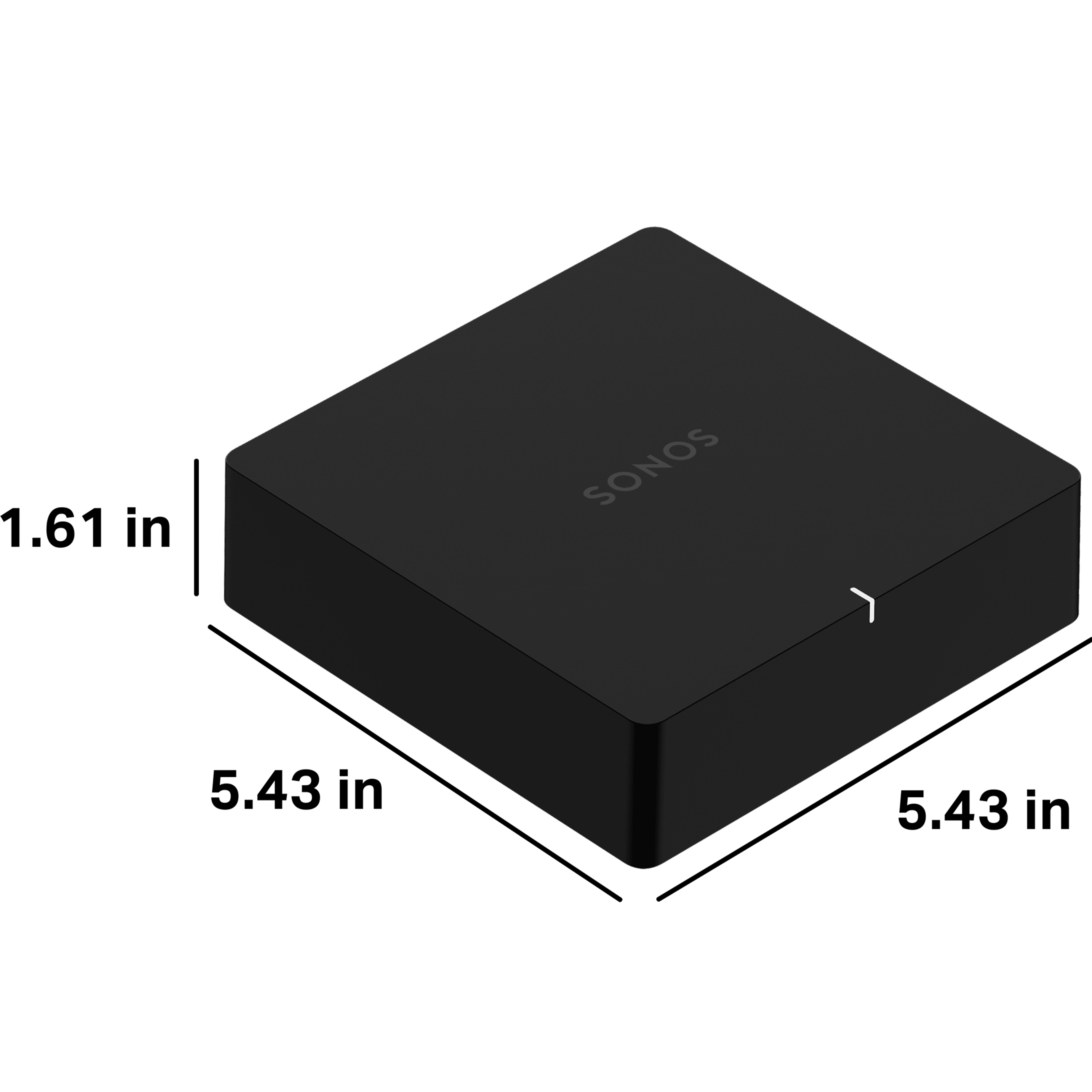 Sonos Port is 1.61 inches tall, 5.43 inches deep, and 5.43 inches wide