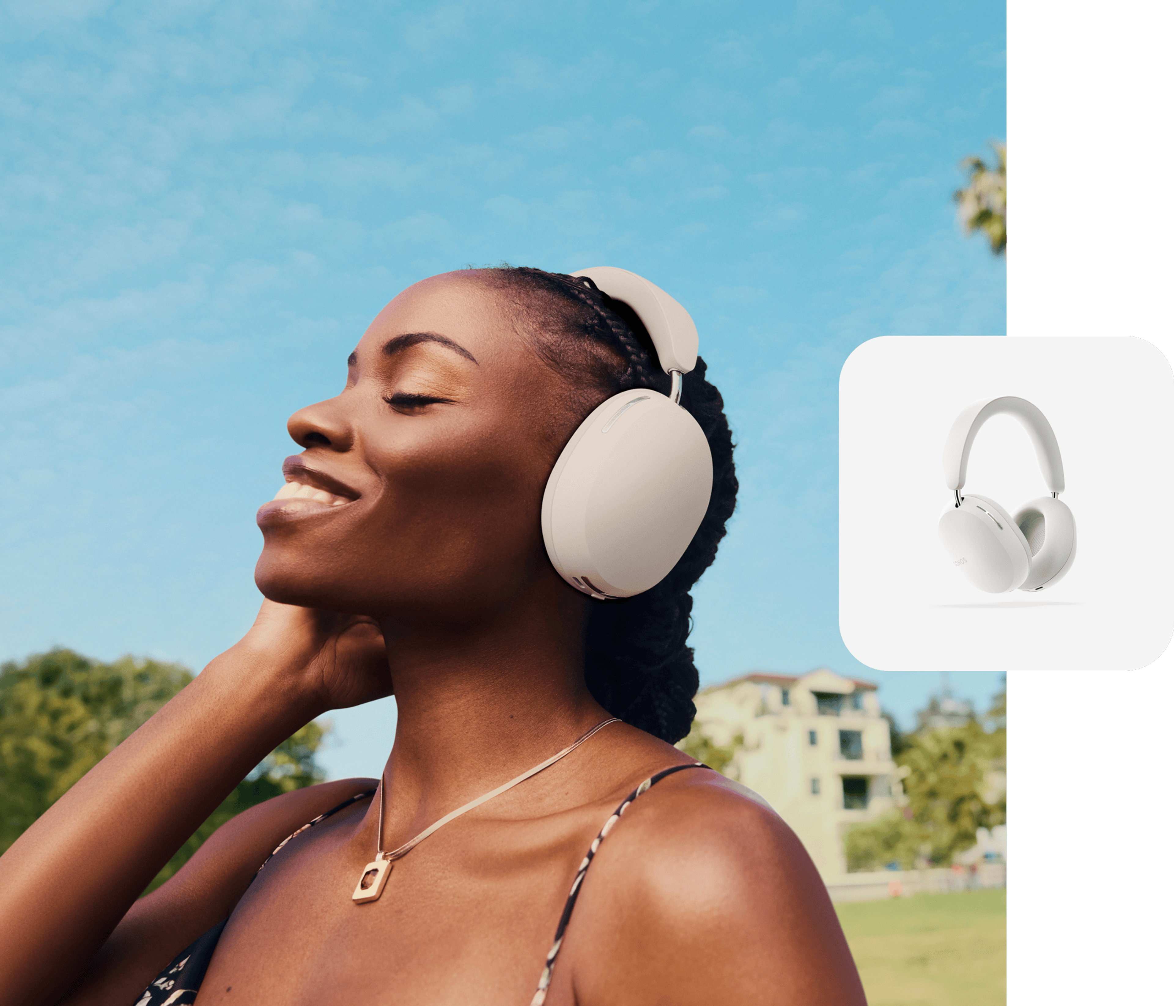 Person smiling and listening to music on white Sonos Ace headphones outside and a white Sonos Ace product tile overlay