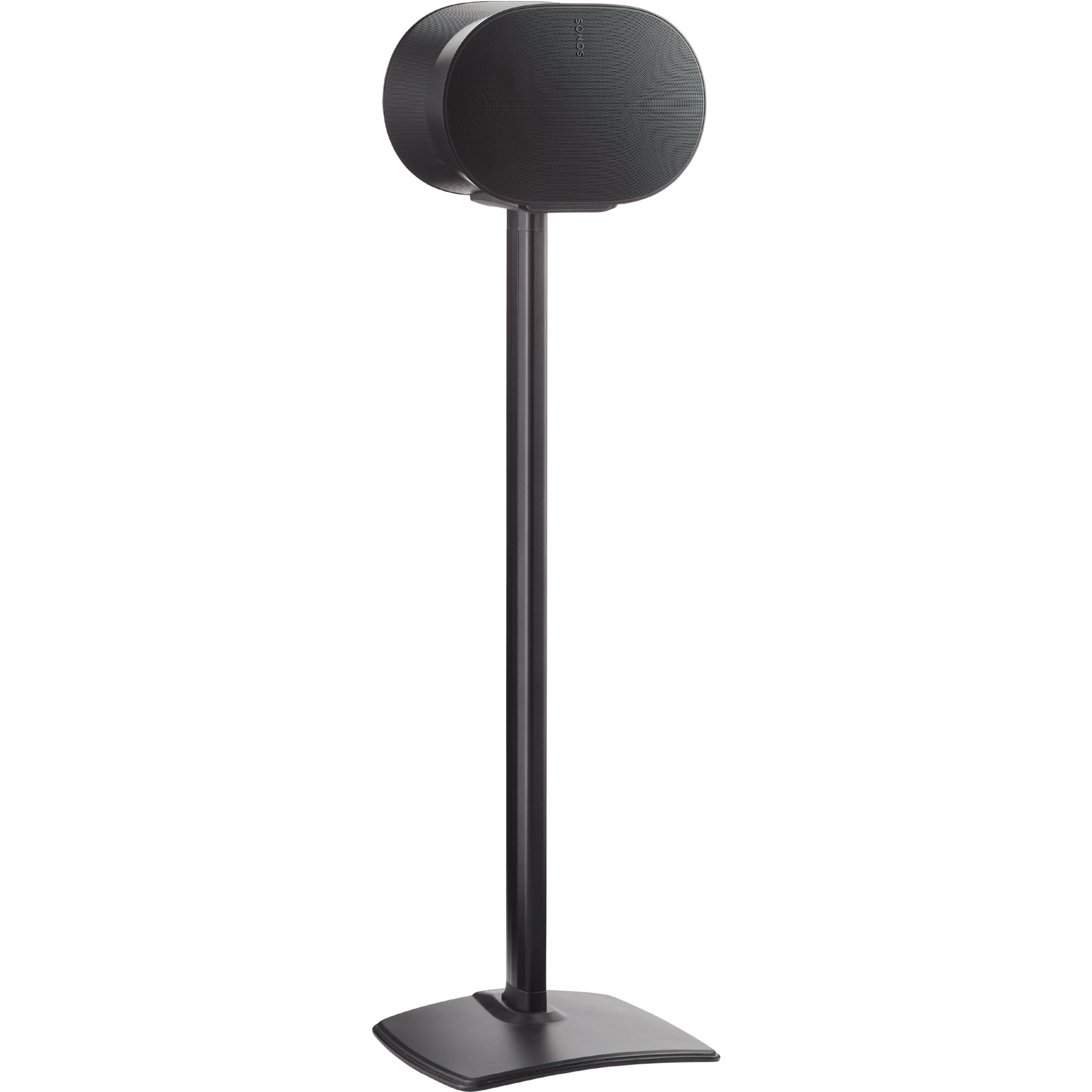 Image of a black Sanus stand holding a black Sonos Era 300 speaker
