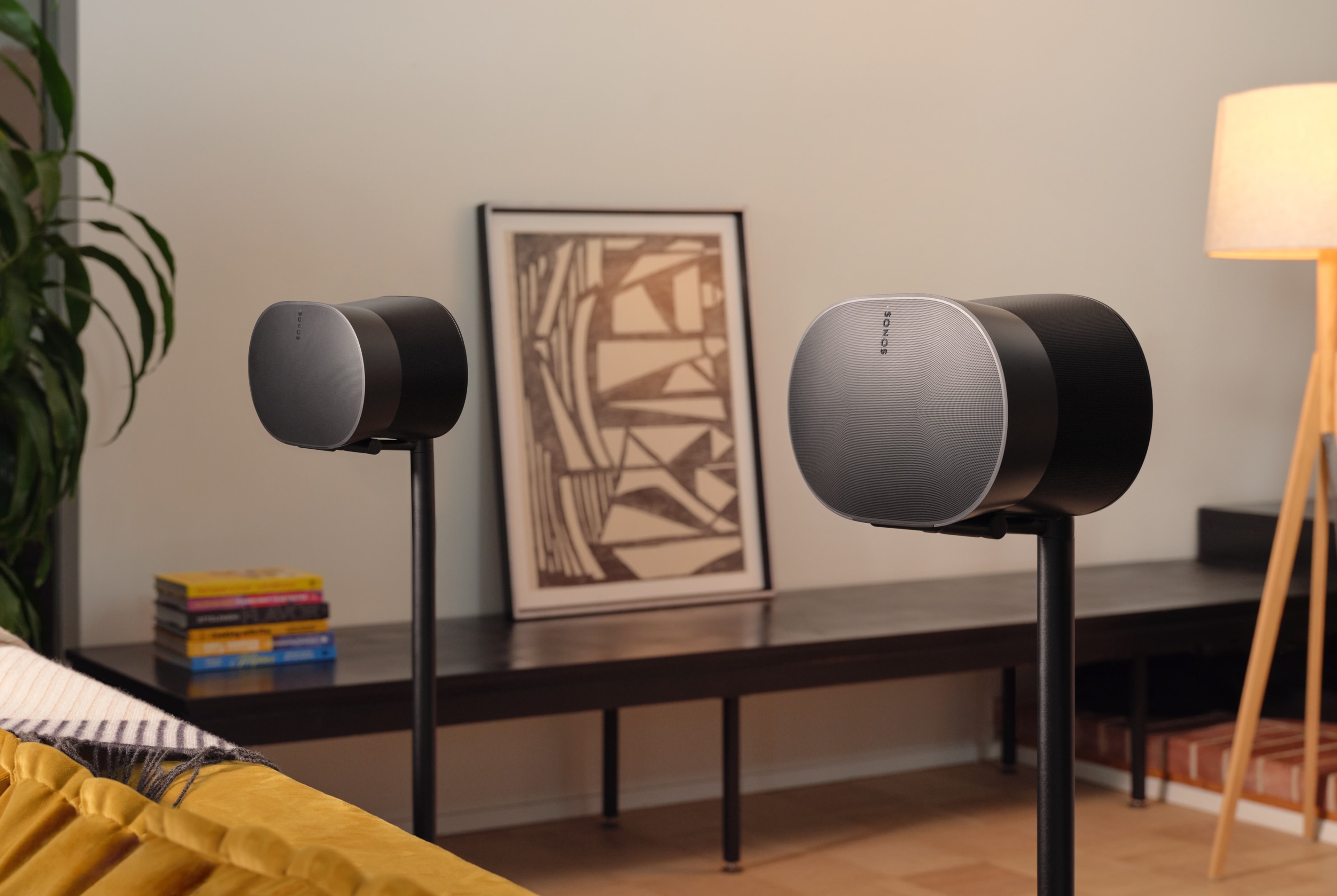 Two black Sonos Era 300 speakers mounted on Sonos Era 300 stand