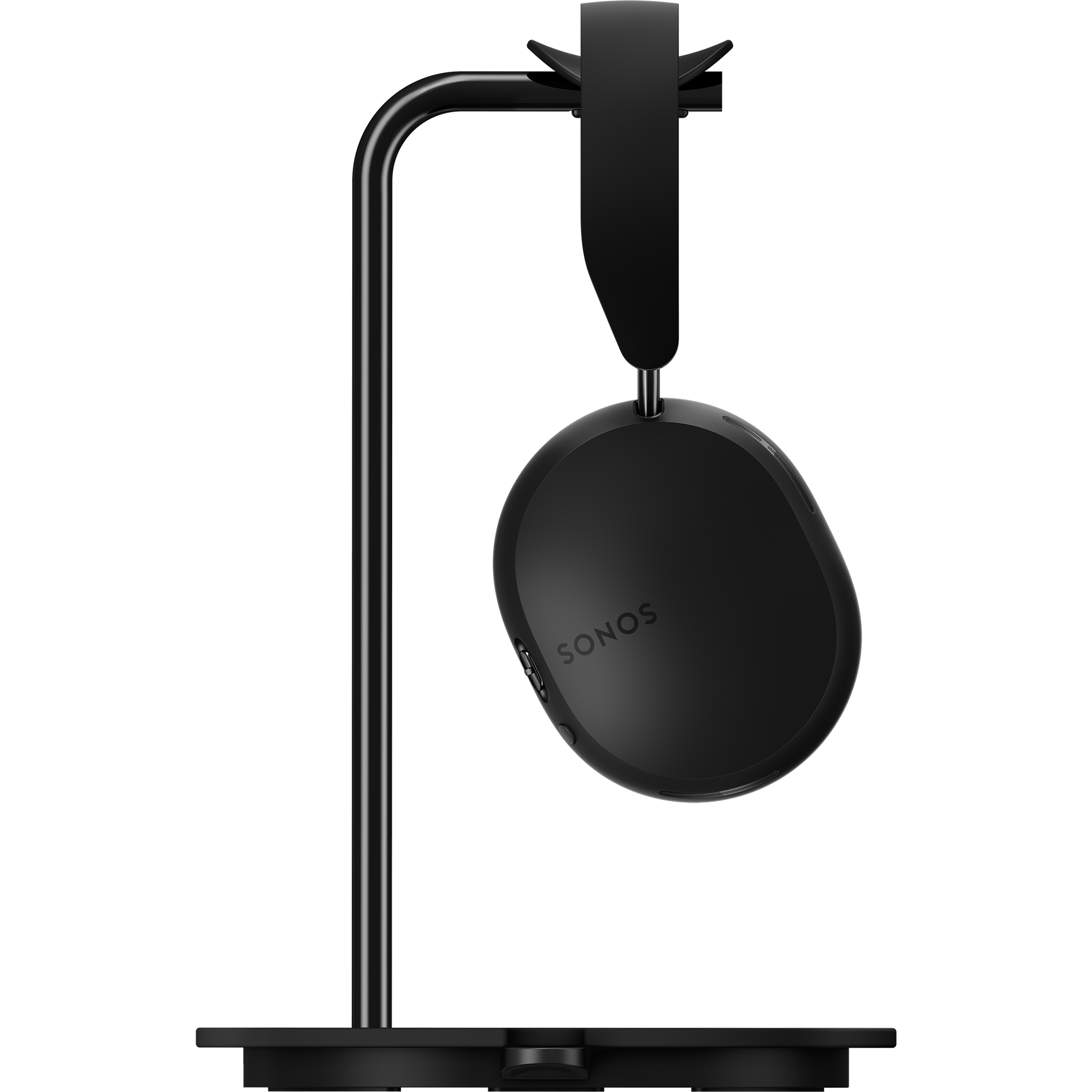 mustat Sonos Ace -kuulokkeet sivusta päin Sonos Ace -kuulokkeille tarkoitetussa Sanus-telineessä