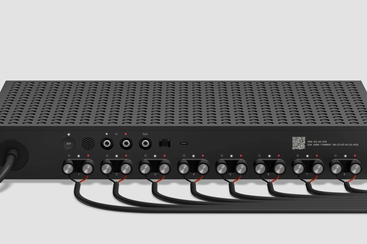 Sonos Amp Multi back panel with eight sets of speakers wired for multi-zone control