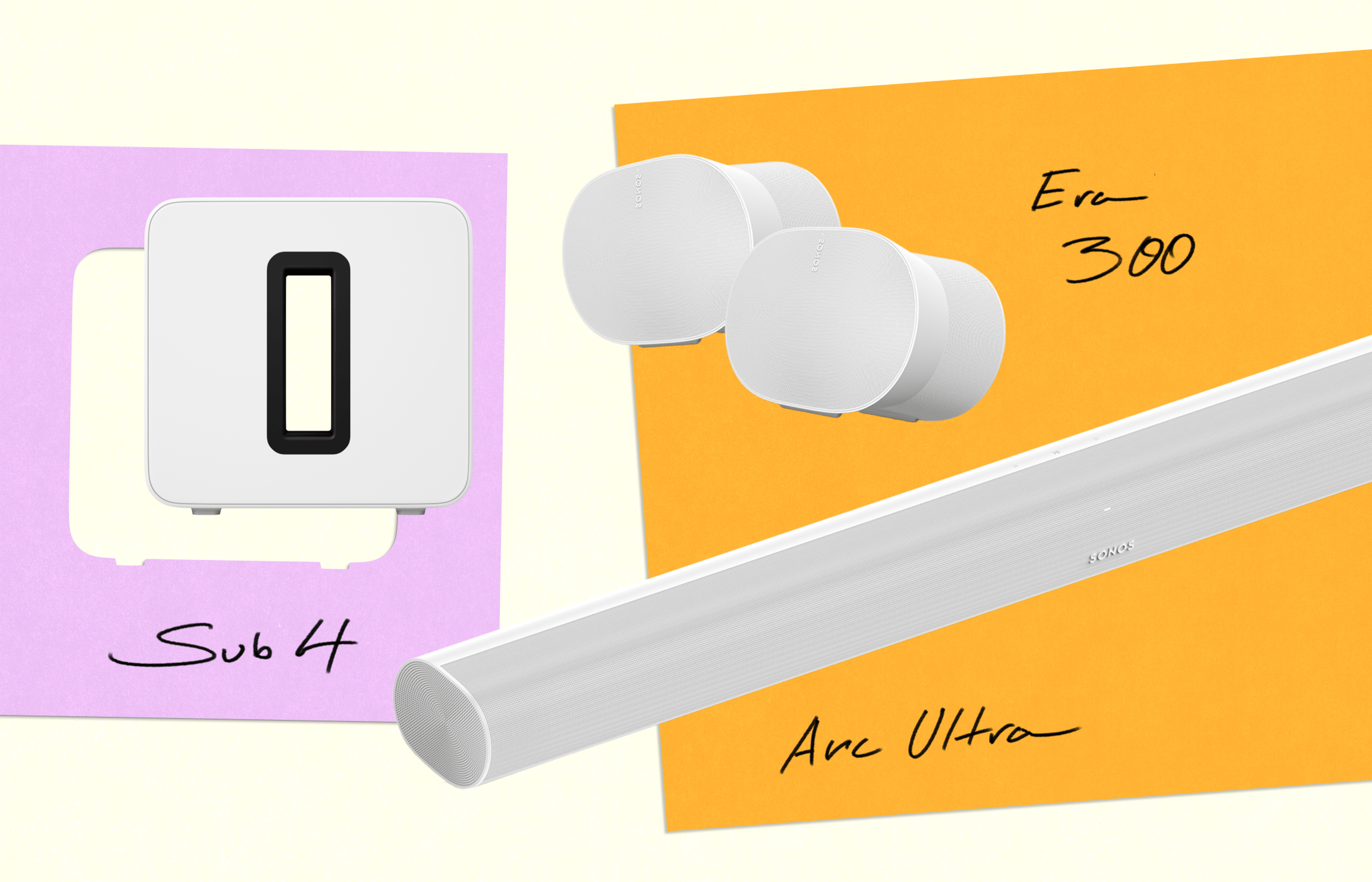 Sonos Arc Ultra soundbar, Era 300 speaker pair, and Sub 4 subwoofer on colorful paper backgrounds with handwritten labels