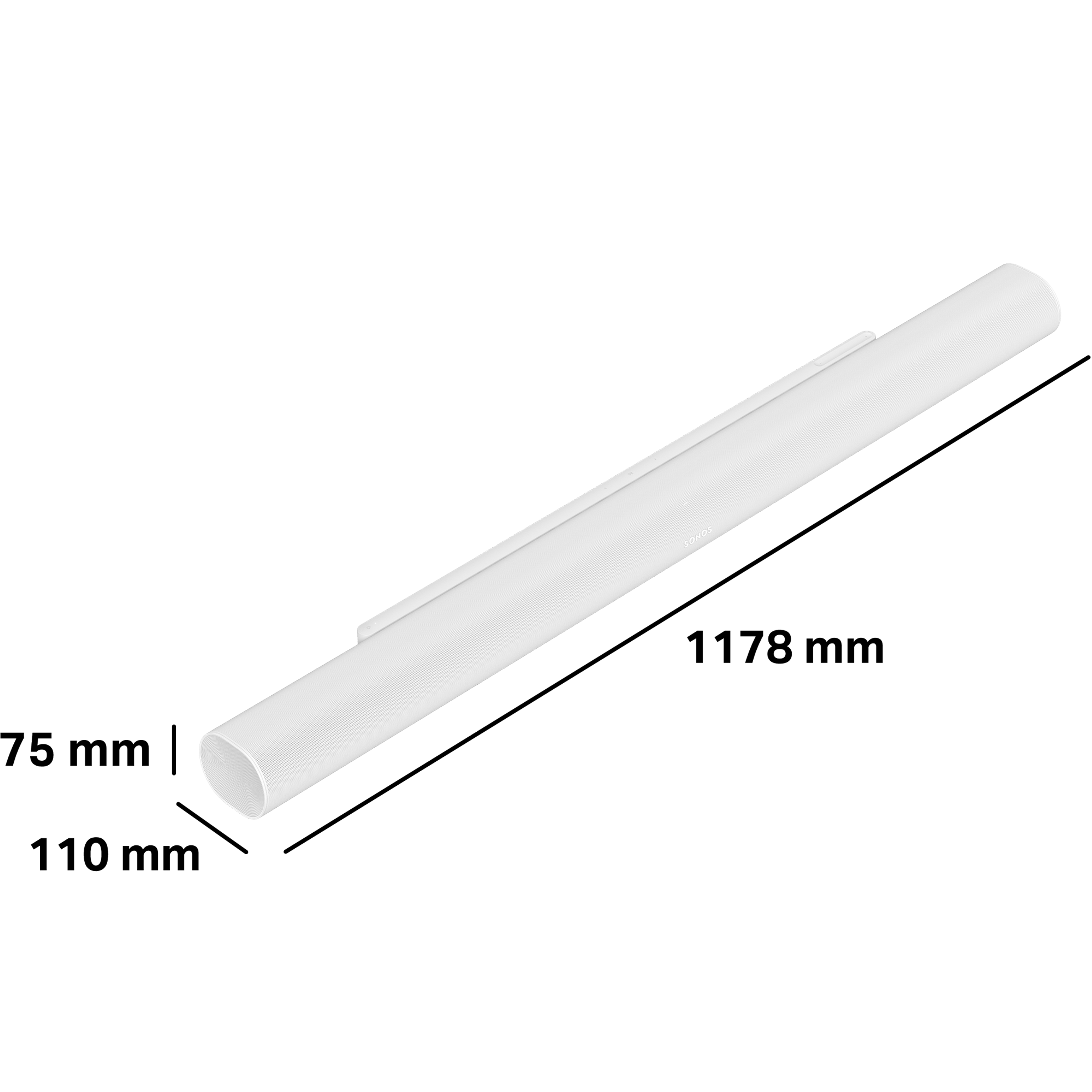 Arc Ultra is 2.9 inches (75 mm) tall, 4.3 inches (110 mm) deep, and 46.4 inches (1178 mm) wide