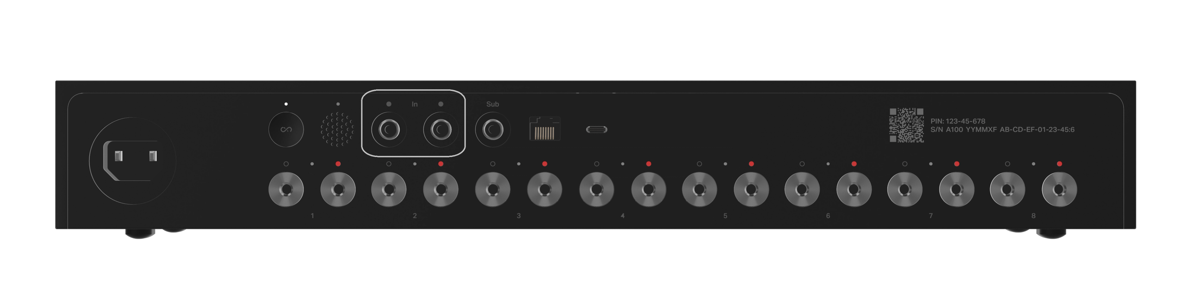 A rear view of Amp Multi showing where to connect a line-in source
