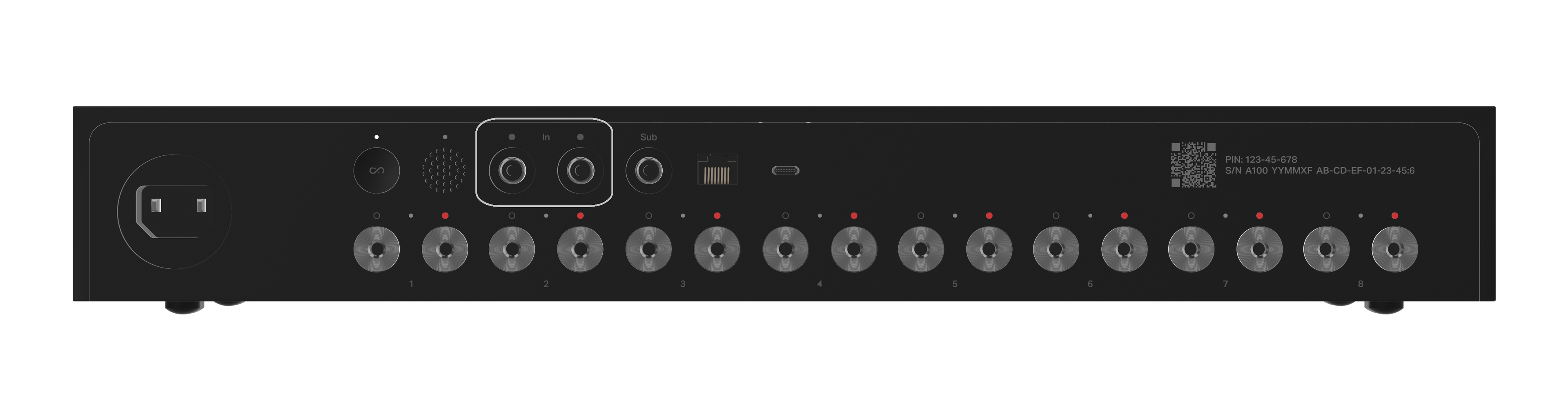 A rear view of Amp Multi showing where to connect a line-in source