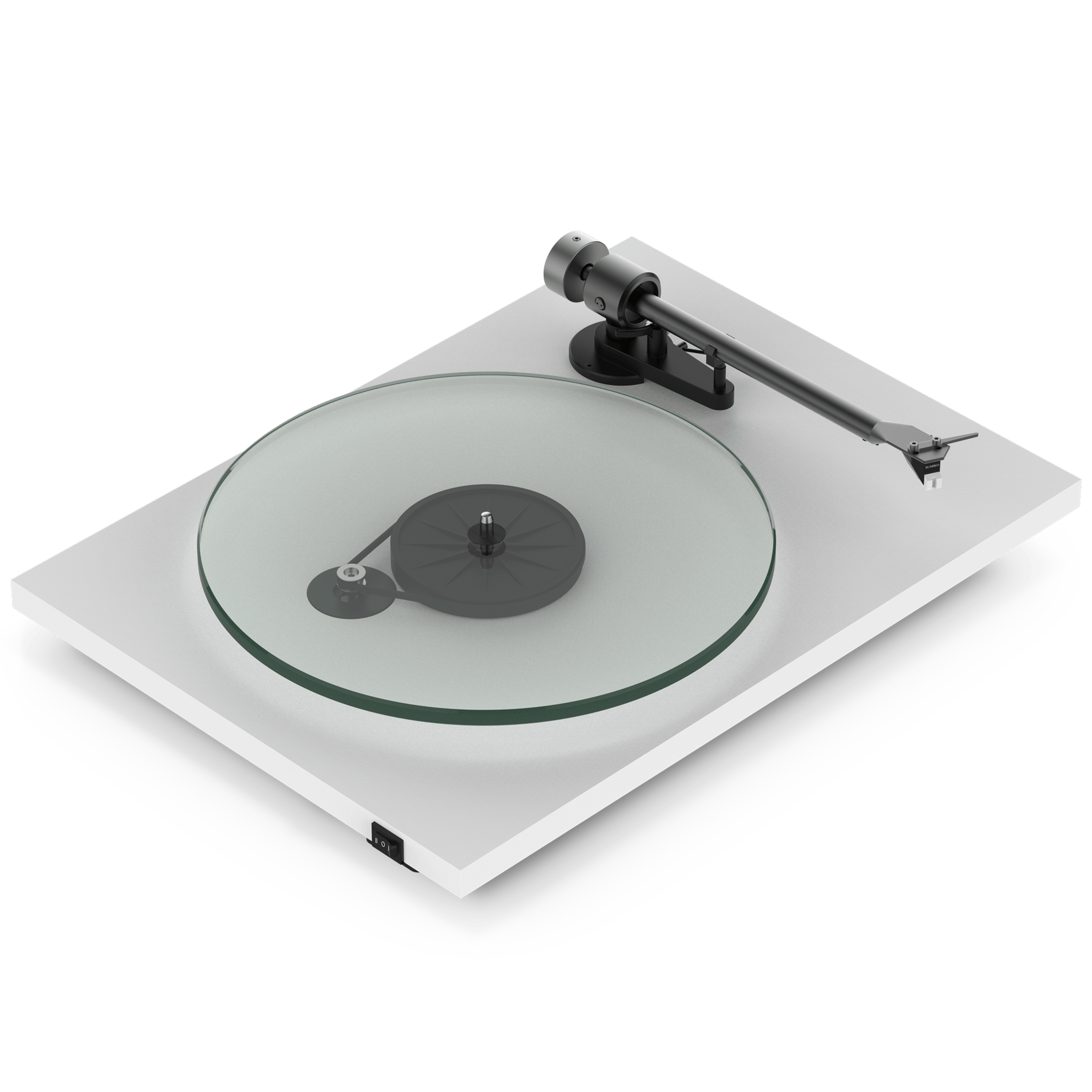 Front angle view of a white Pro-Ject T2 Super Phono turntable without its dust cover 