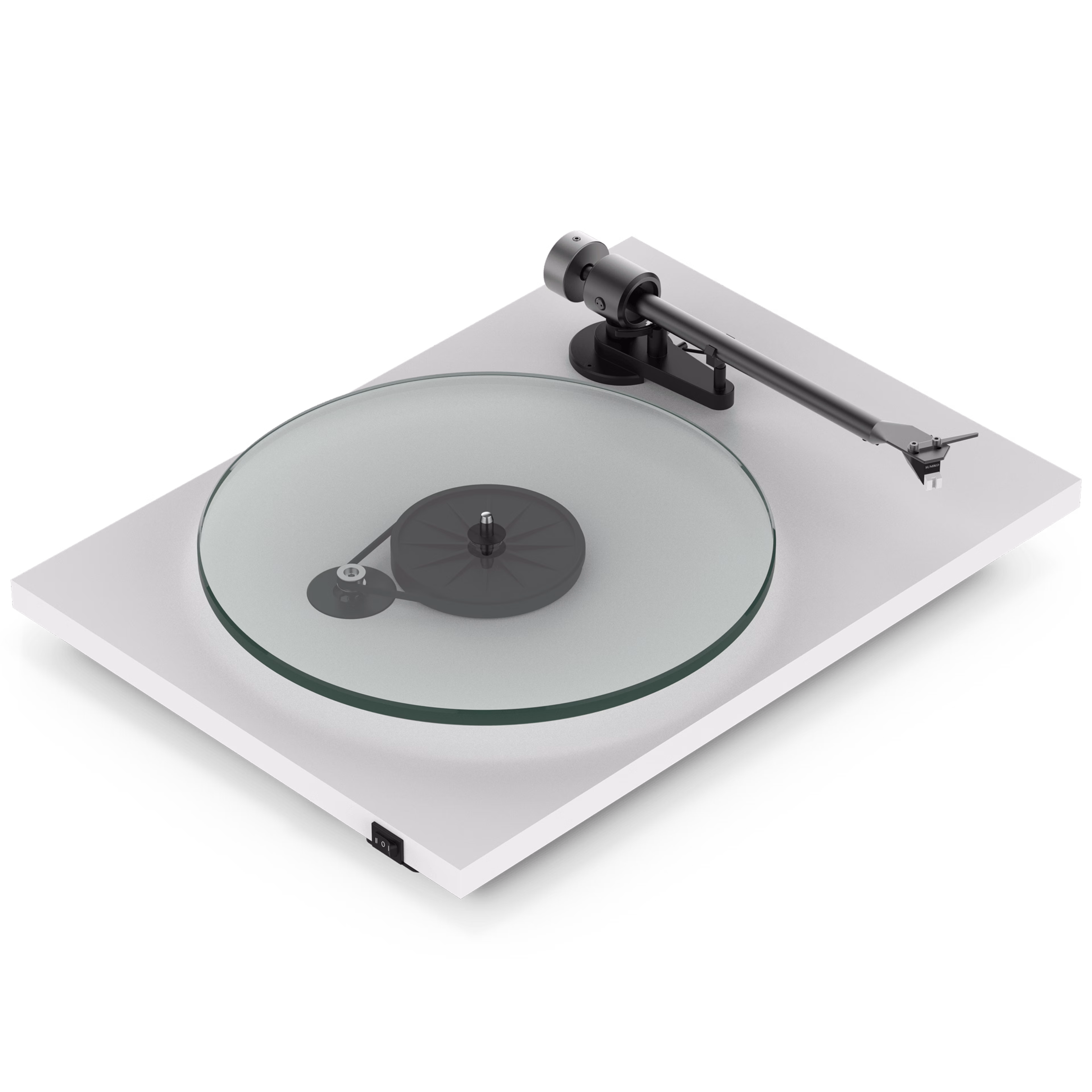 Front angle view of a white Pro-Ject T2 Super Phono turntable without its dust cover