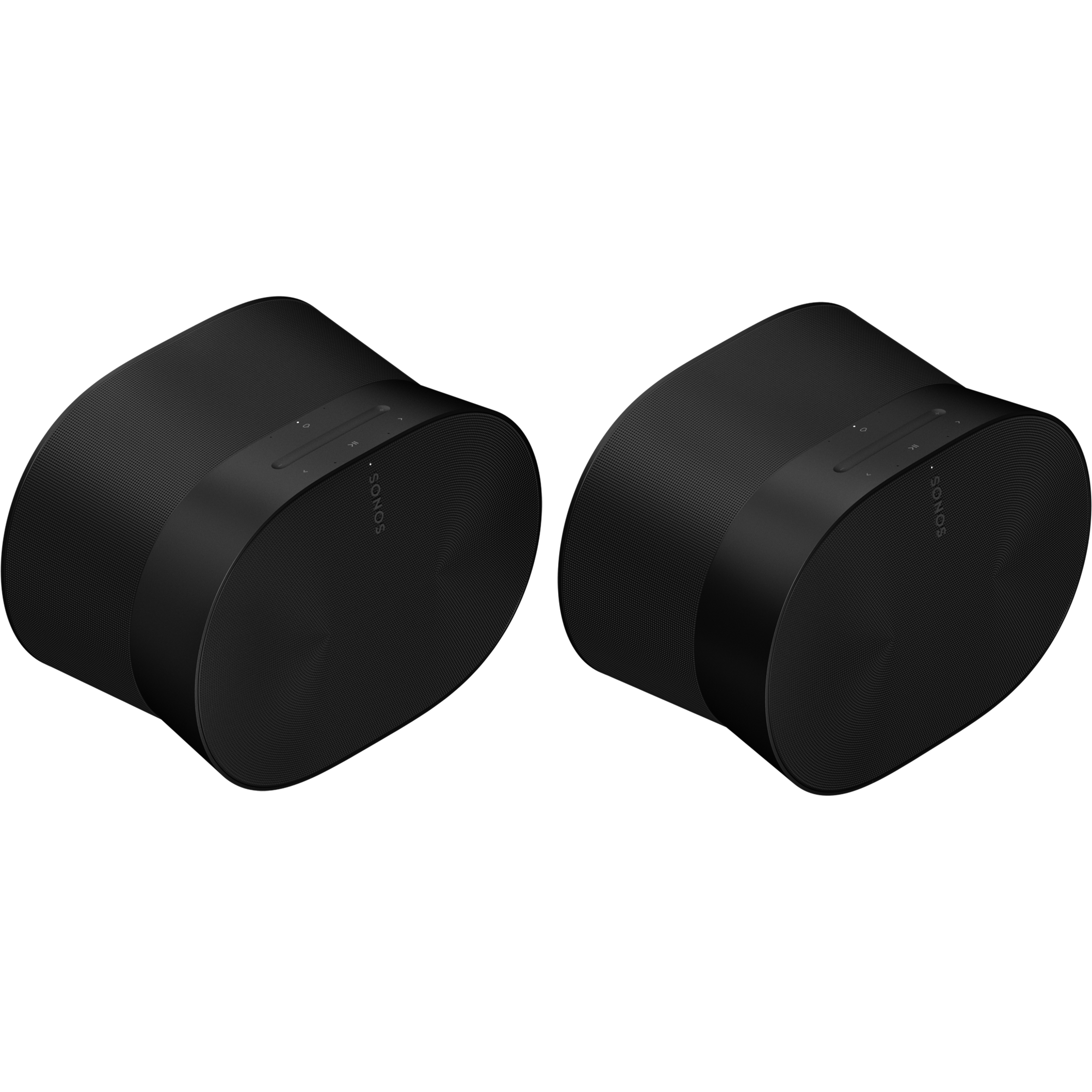 Afbeelding van twee zwarte Sonos Era 300-speakers, beide onder een hoek gedraaid