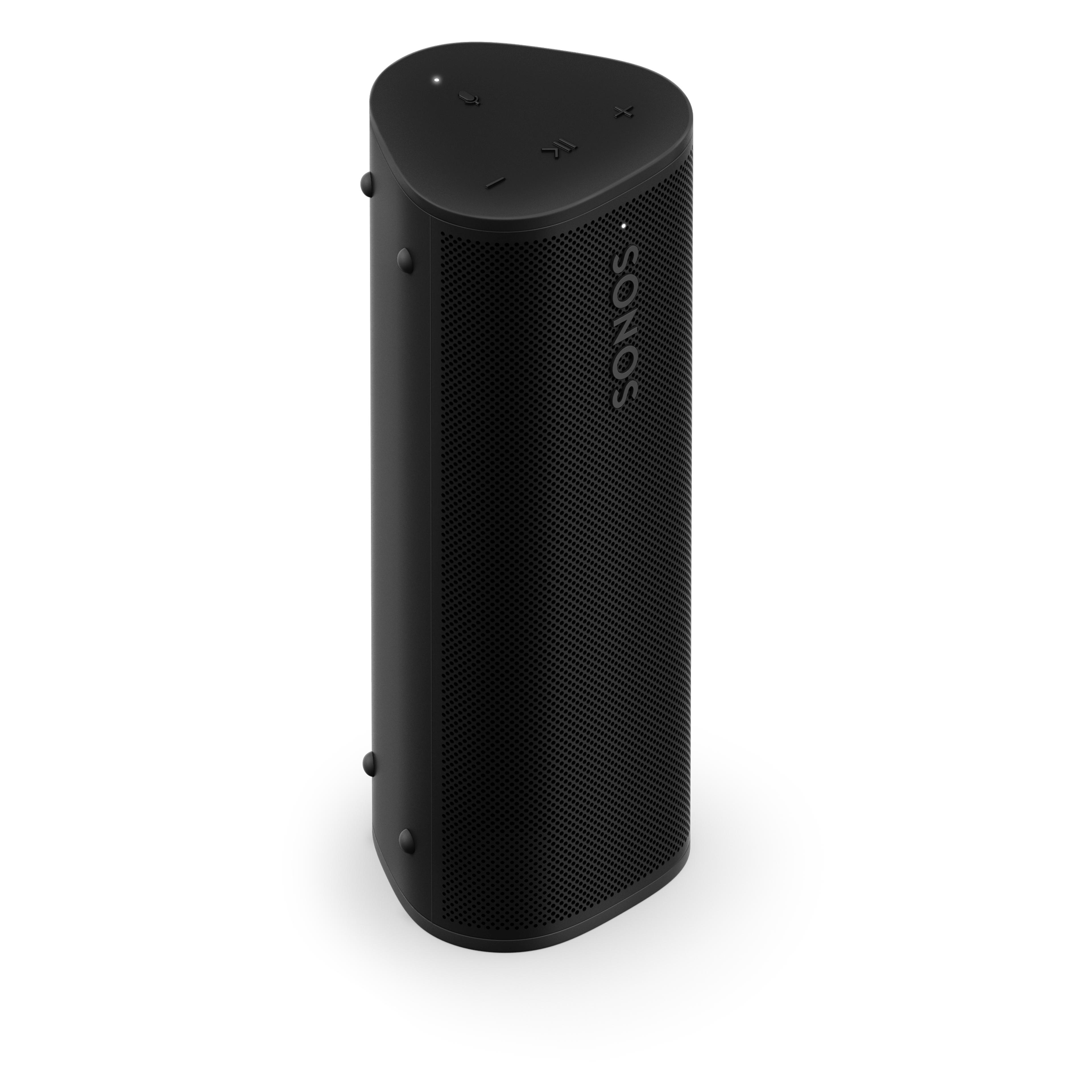 Hero Vorderansicht und schräge Draufsicht auf den Sonos Roam 2 in Schwarz