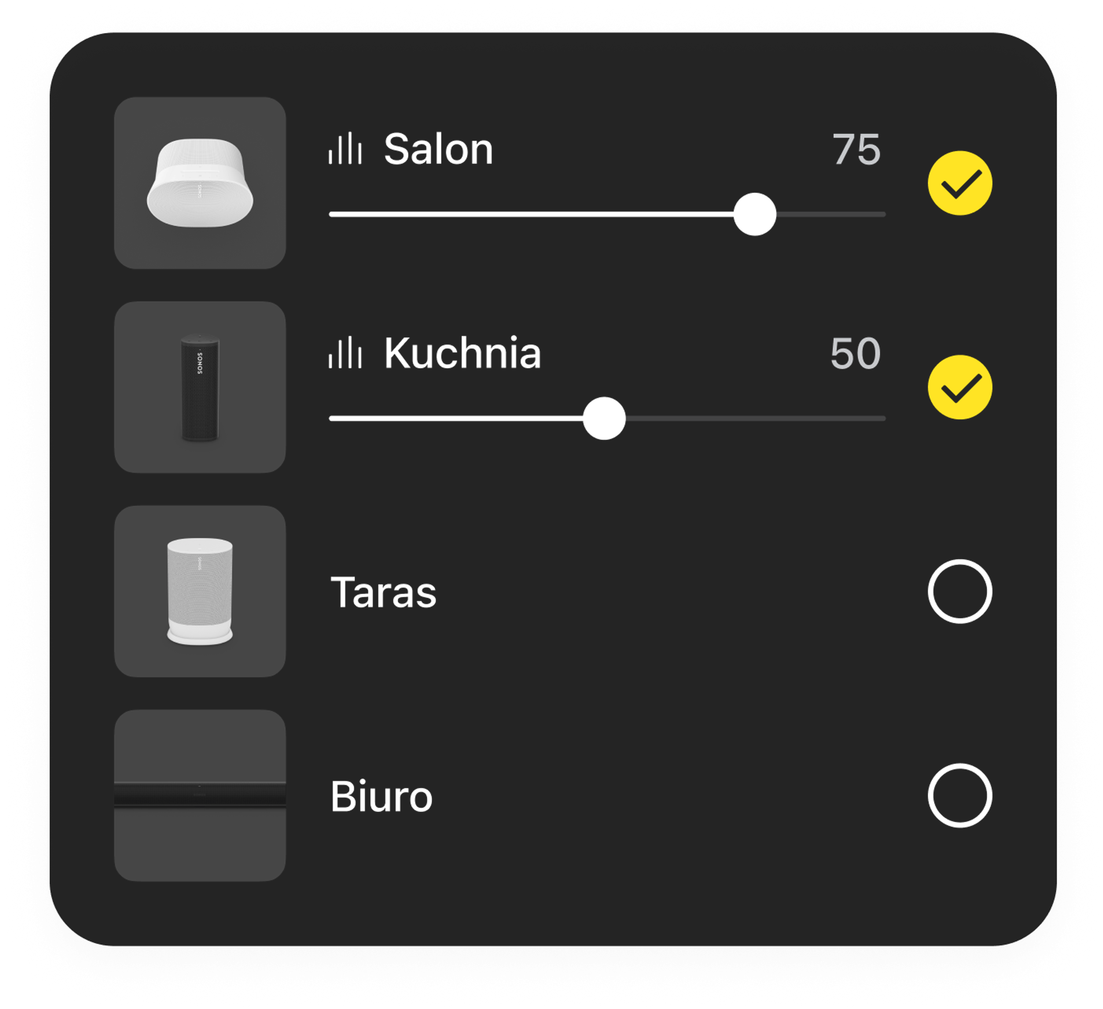 Przykład przycisków sterowania poziomem głośności pomieszczenia w aplikacji Sonos