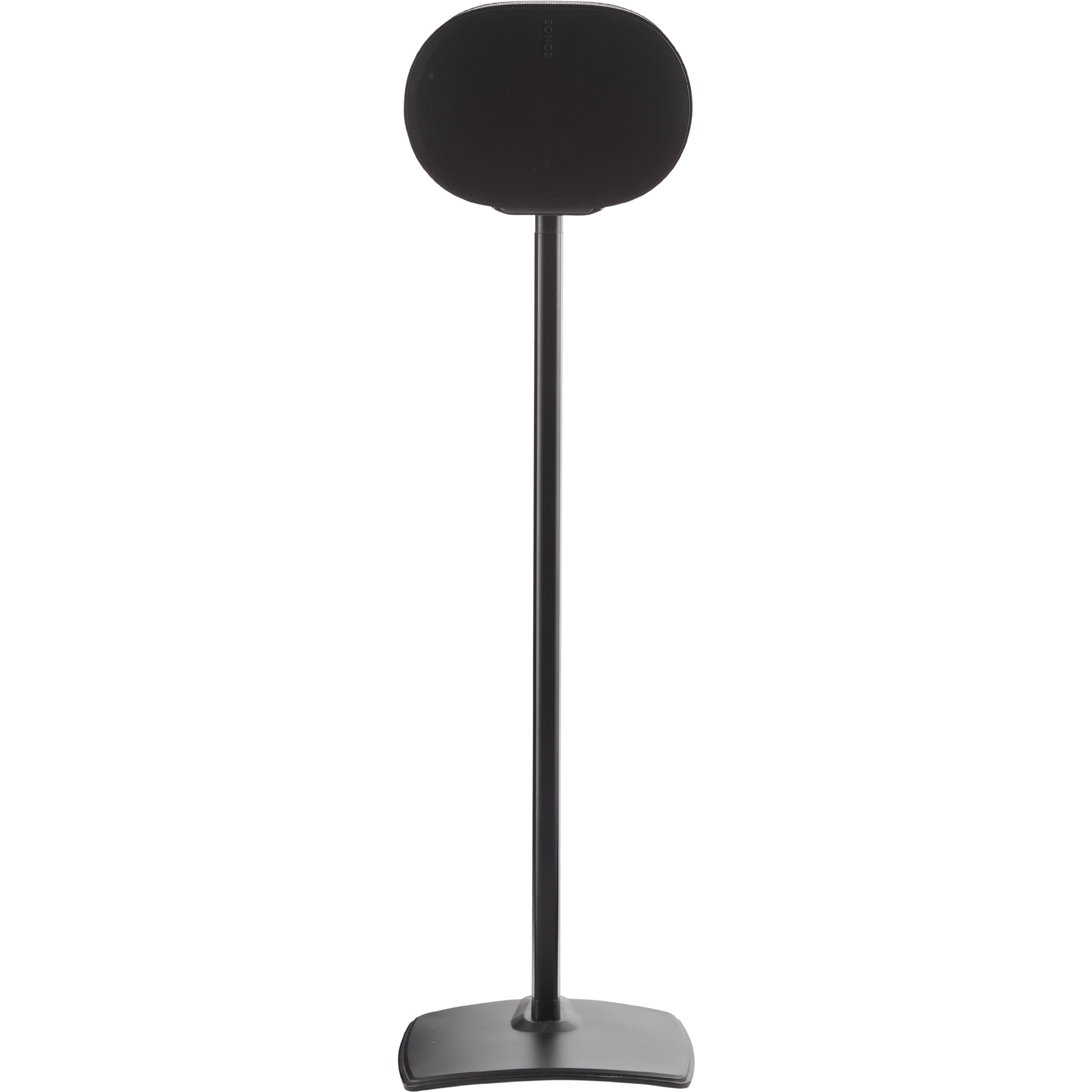 Image of the front of a black Sanus stand holding a black Sonos Era 300 speaker