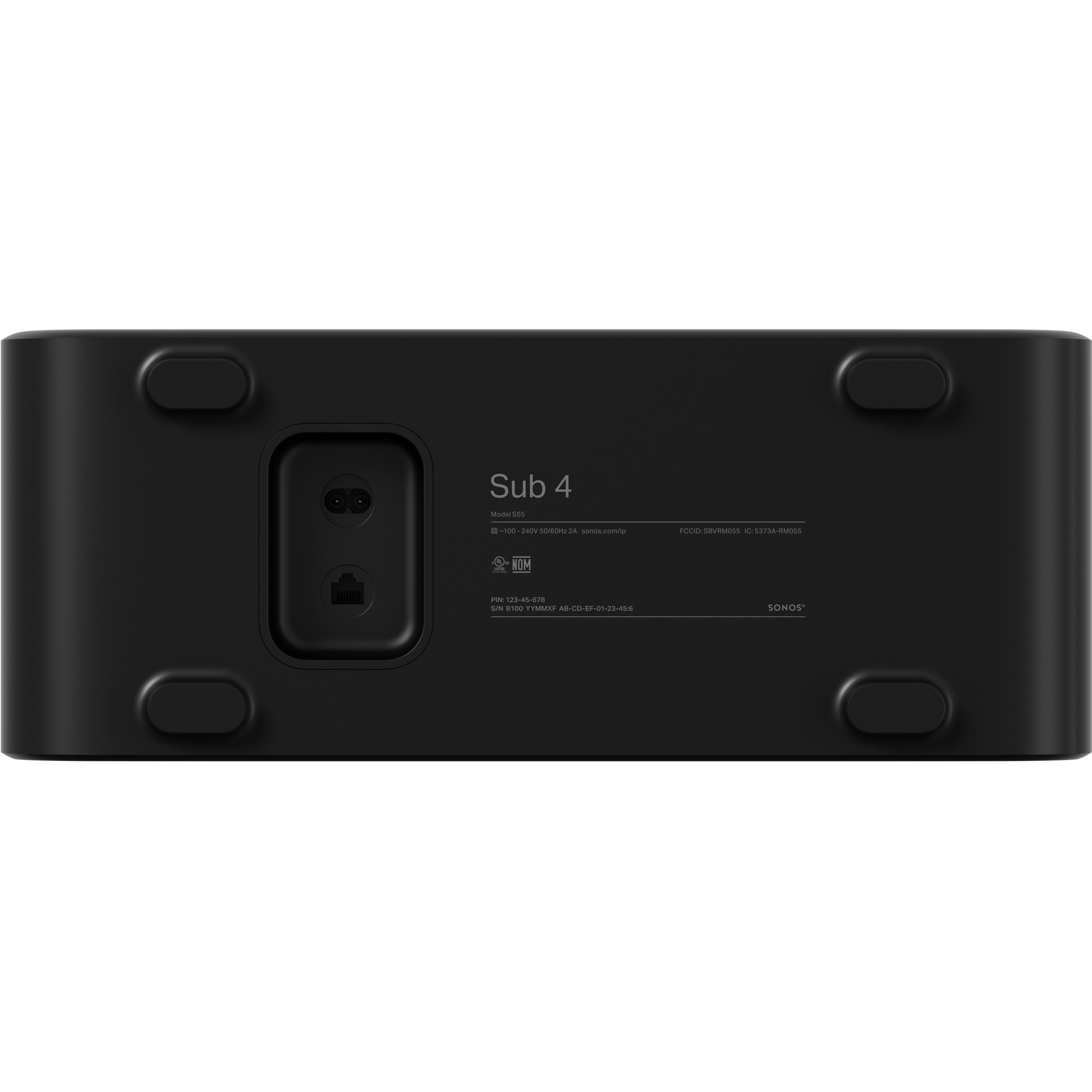 Bottom of a black Sub 4 and the power cord receptacle