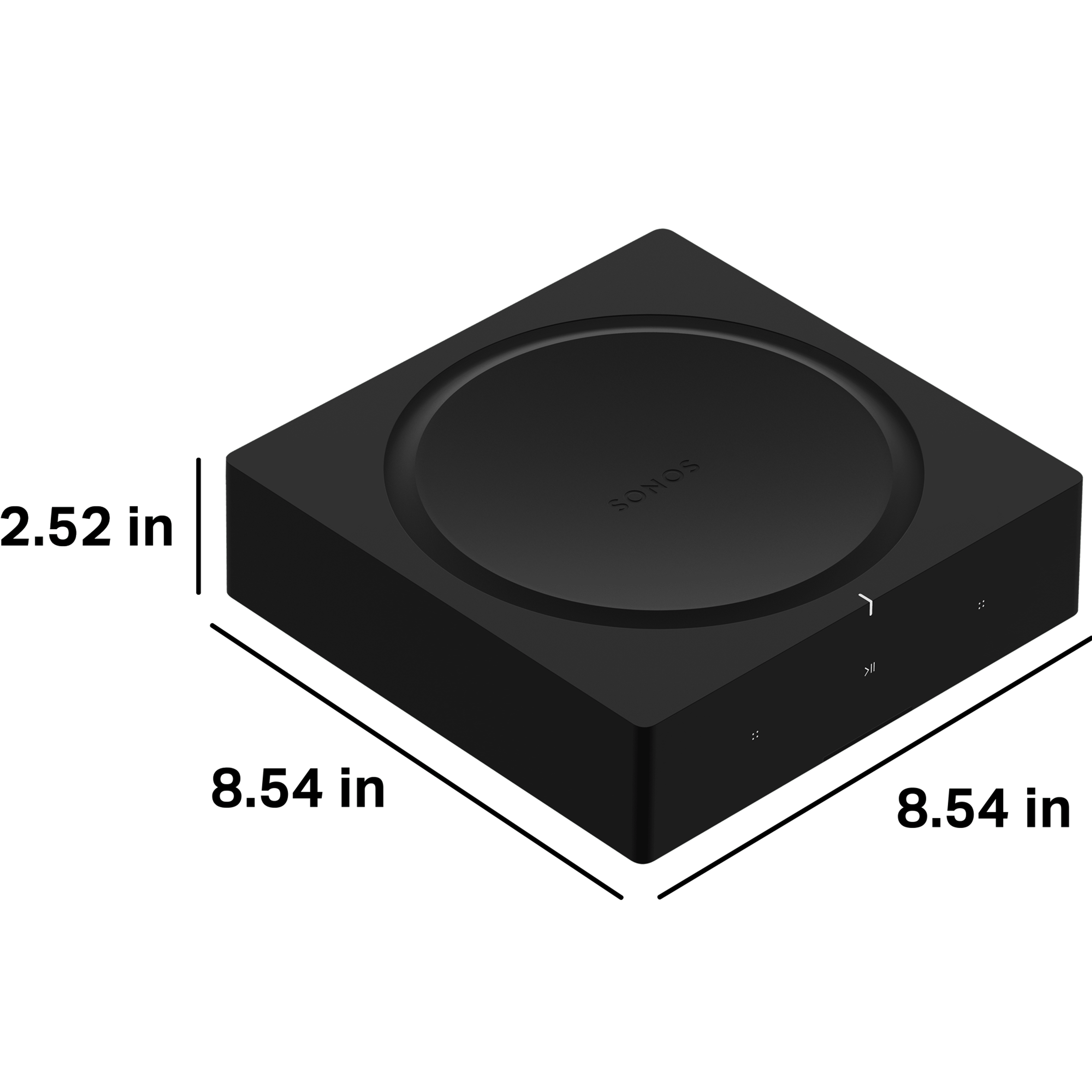Sonos Amp is 2.52 inches (64 mm) tall, 8.54 inches (216.9 mm) deep, and 8.54 inches (216.9 mm) wide