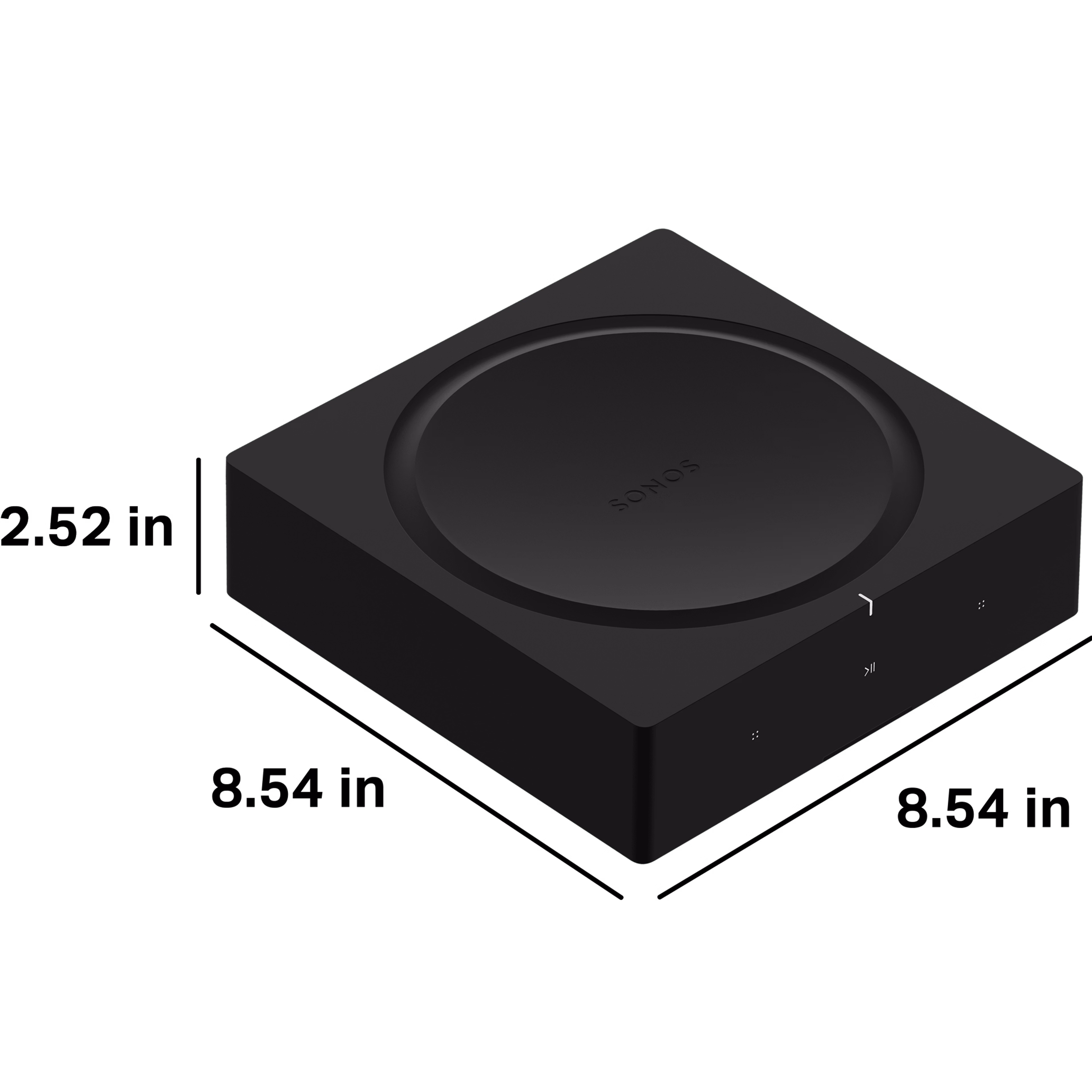 Sonos Amp is 2.52 inches (64 mm) tall, 8.54 inches (216.9 mm) deep, and 8.54 inches (216.9 mm) wide