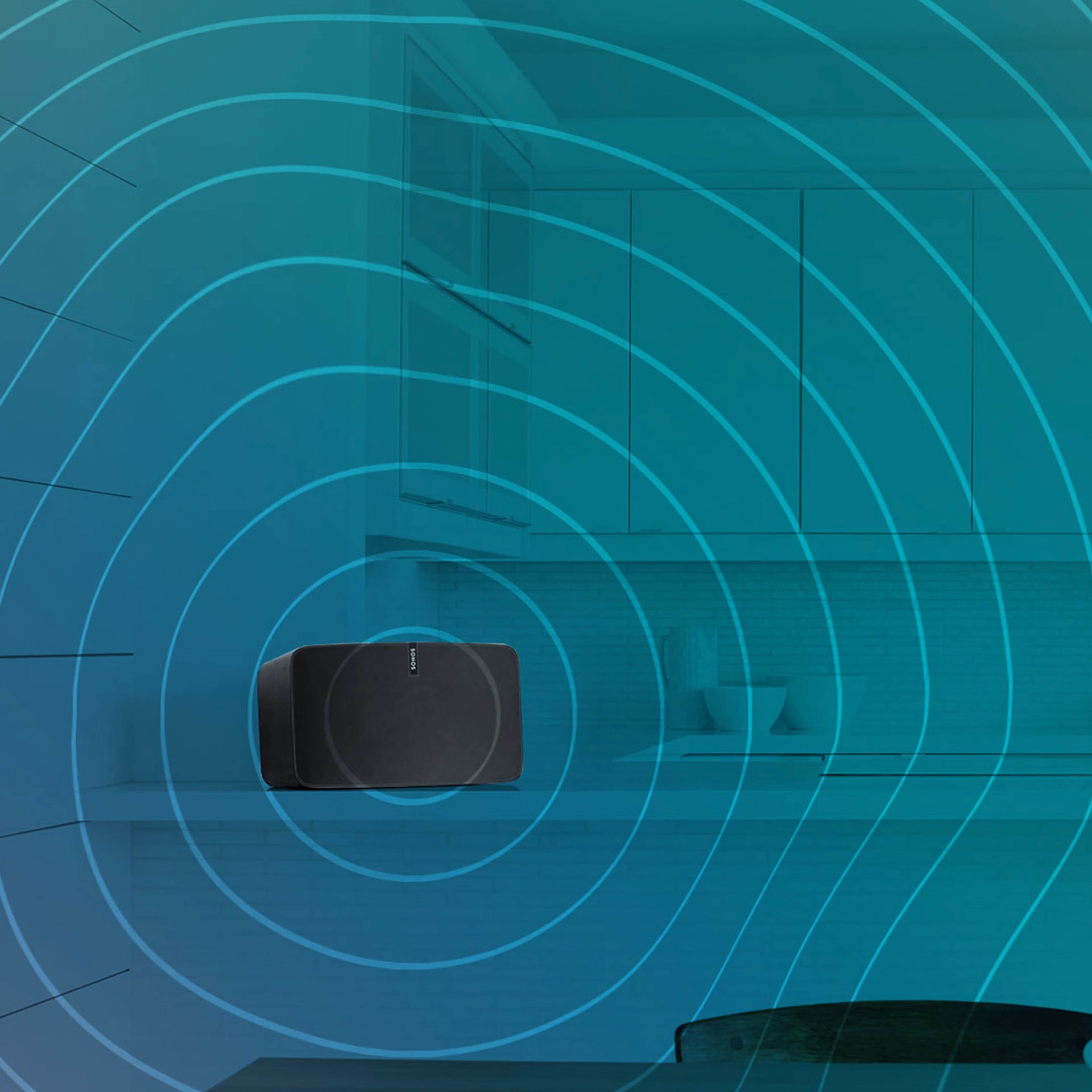 Sonos Five in black with teal sound waves background