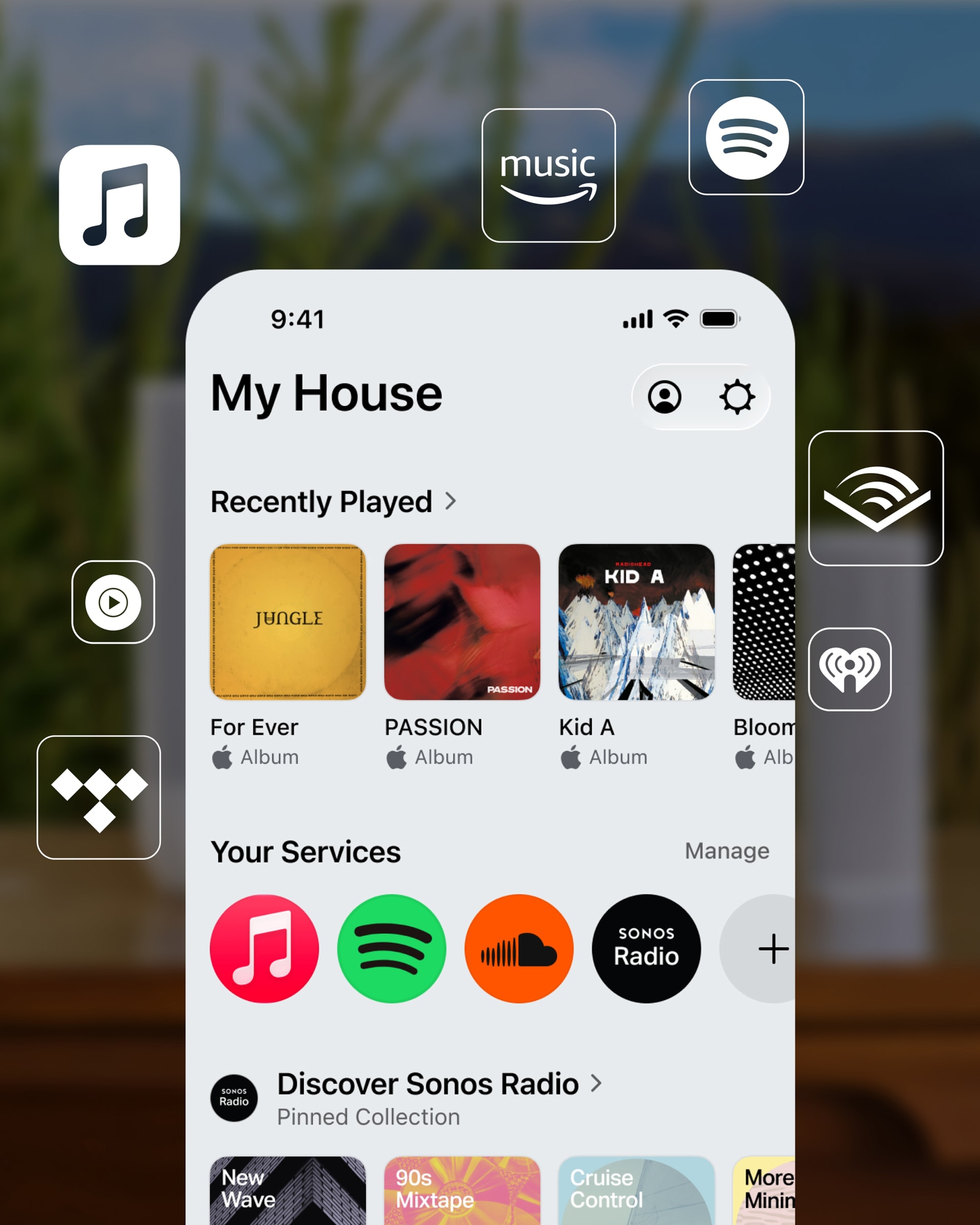 Sonos app home screen surrounded by various music streaming service icons