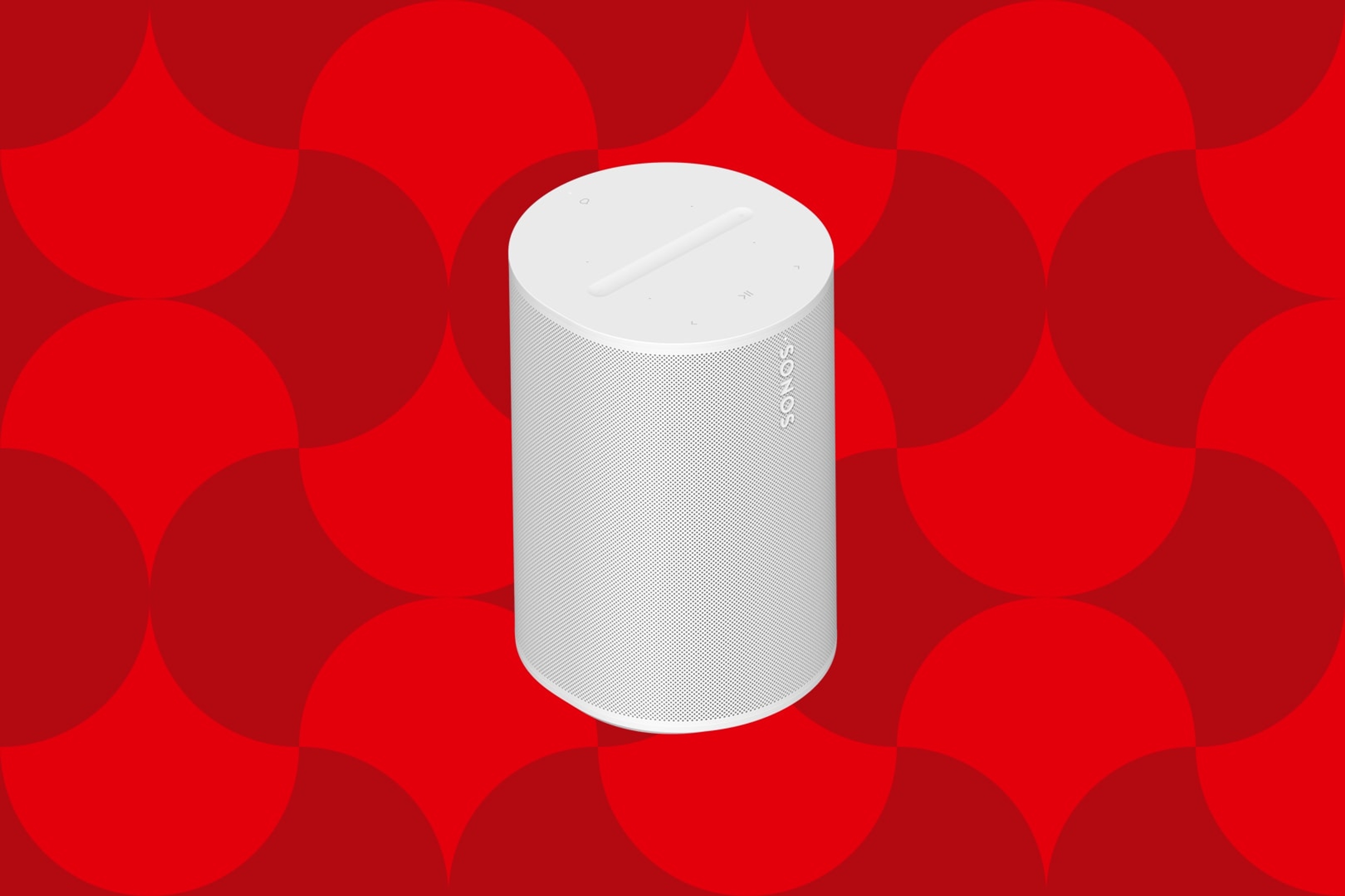 Image of a white Sonos Era 100 speaker on a red graphic holiday background