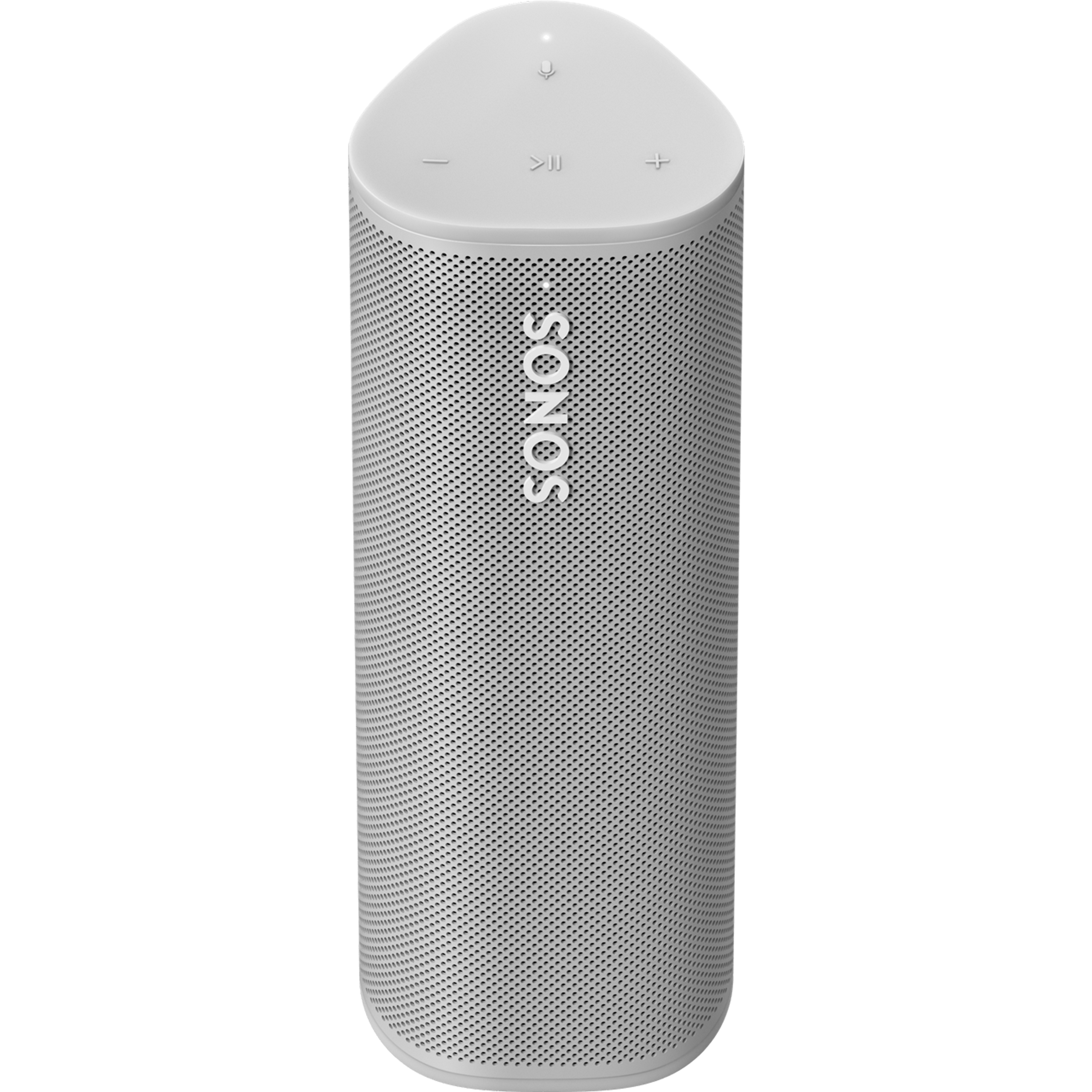 Image of the front and top of a white Sonos Roam tilted down at an angle